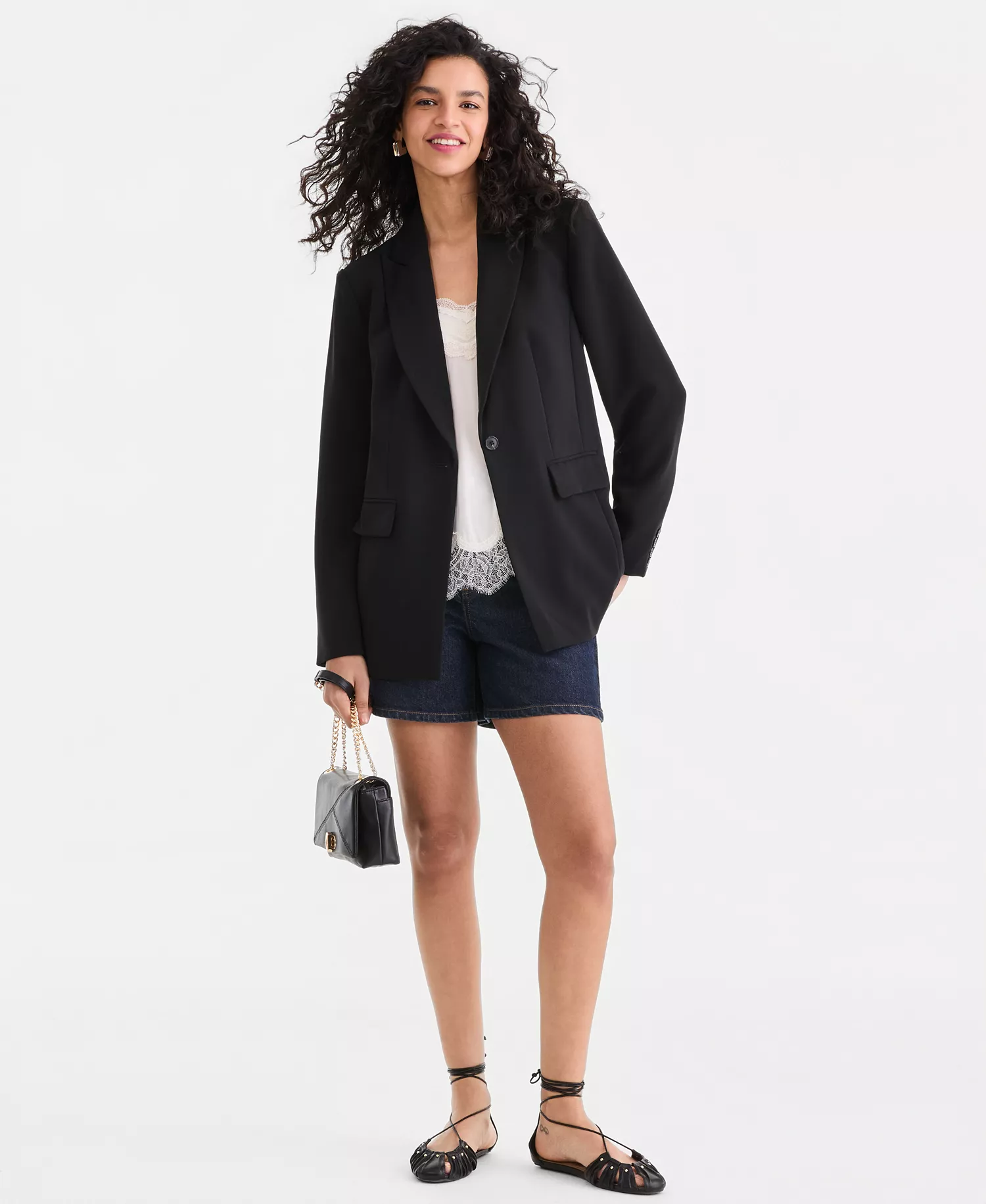 Women's Oversized One-Button Blazer, Macy's Exclusive - Deep Black - L