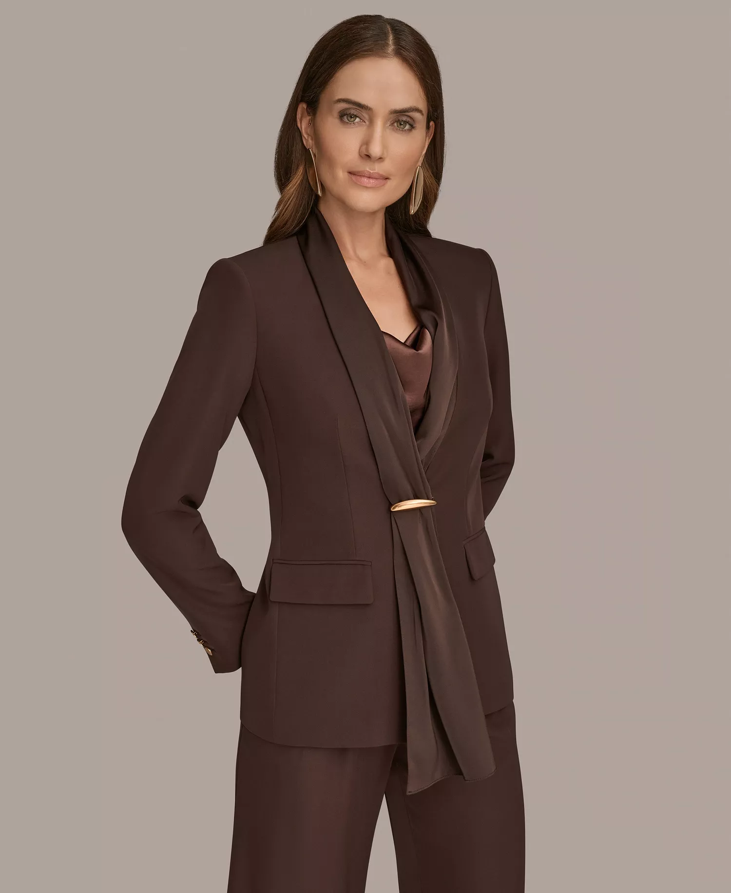 Womens Mixed Media Draped Neck Blazer, Regular & Petite - Chocolate Plum - 12P