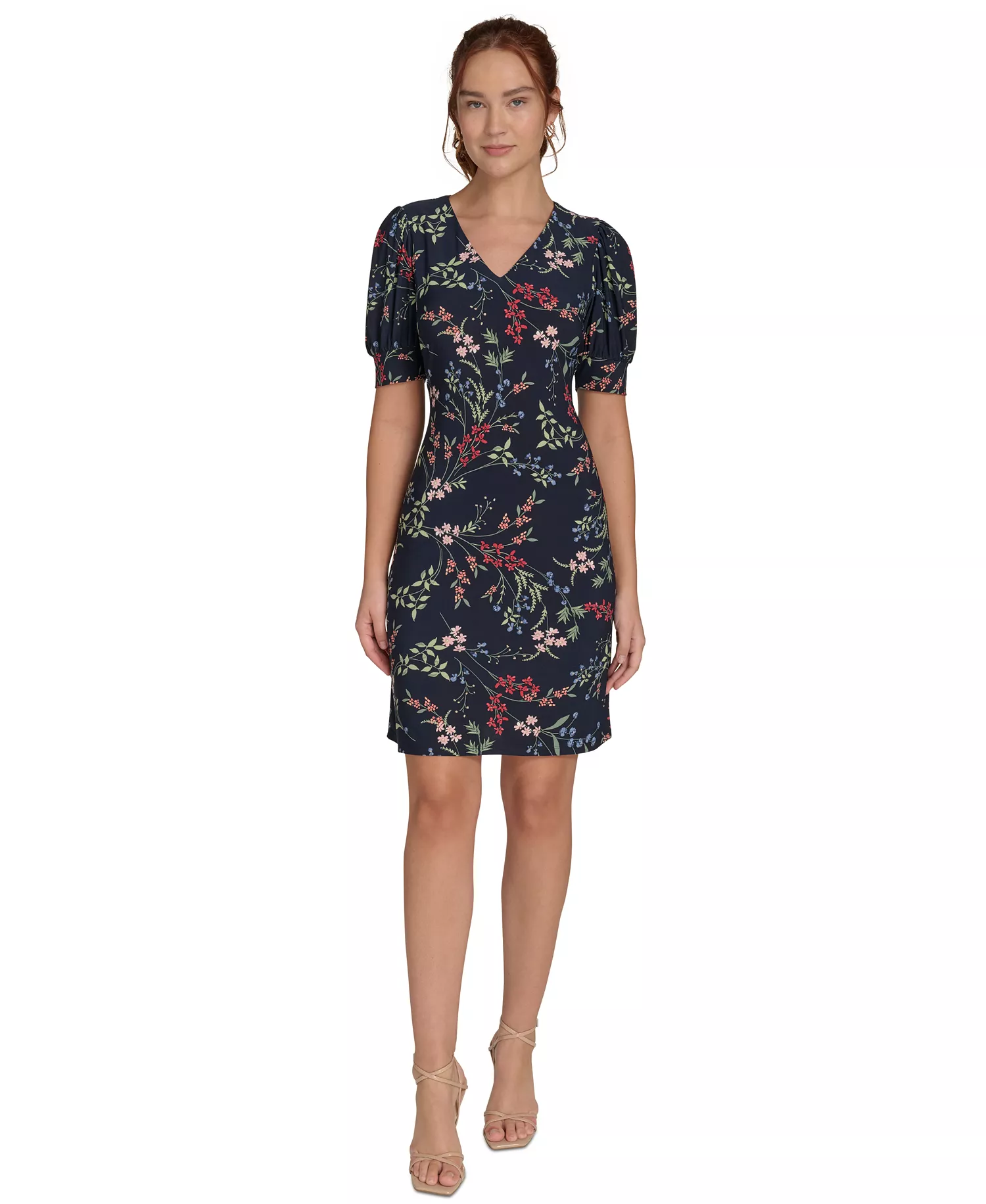 Women's Puffed-Sleeve Floral Shift Dress - Sky Captain Bloom - 10
