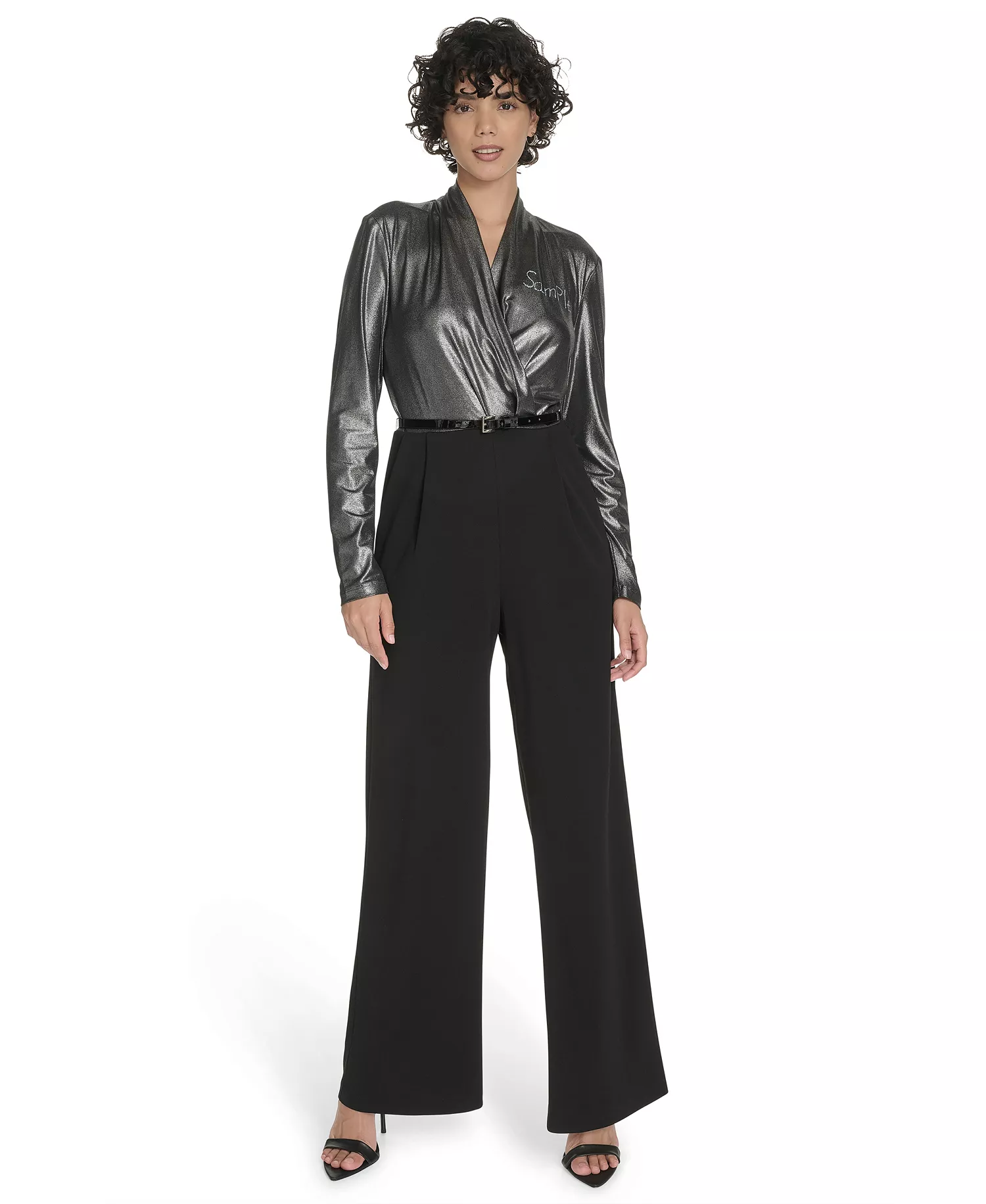 Women's Shimmer Belted Wide-Leg Jumpsuit - BLACK.SILVER - 10