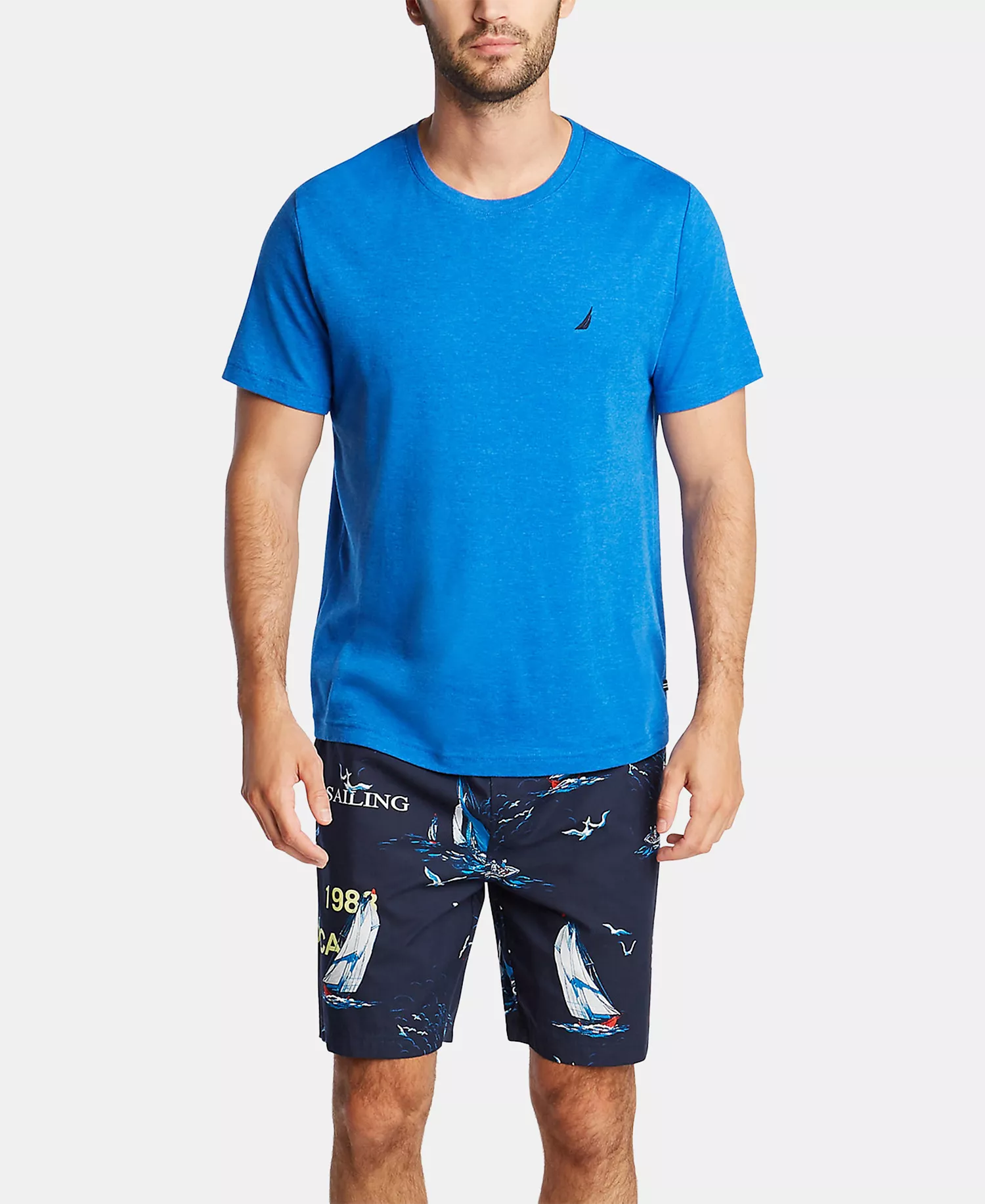 Men's Cotton Sailboat-Print Pajama Shorts - Navy - M