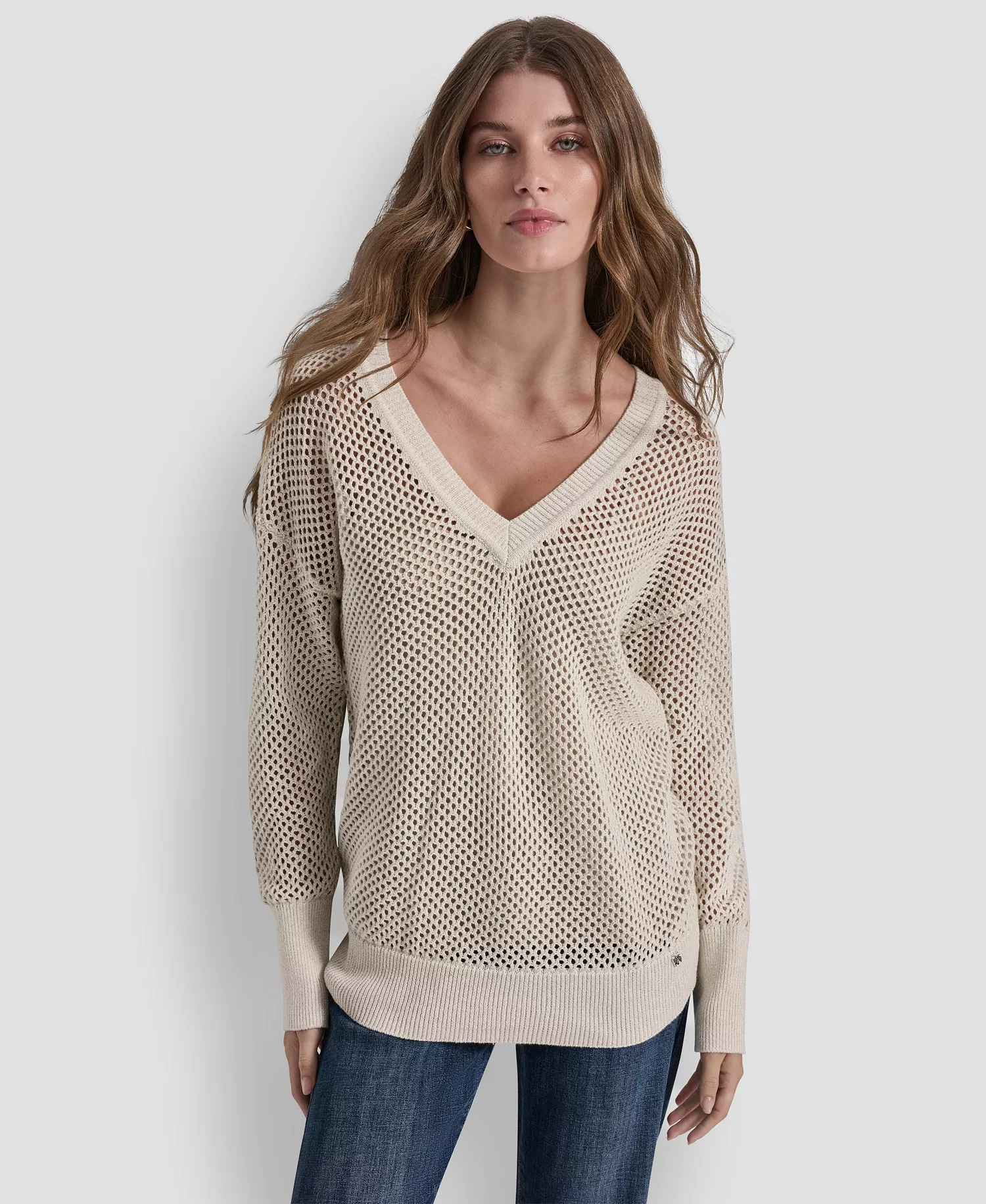 Women's Long-Sleeve V-Neck Open Stitch Lurex Sweater With Logo Charm - Eggnog/Silver - L