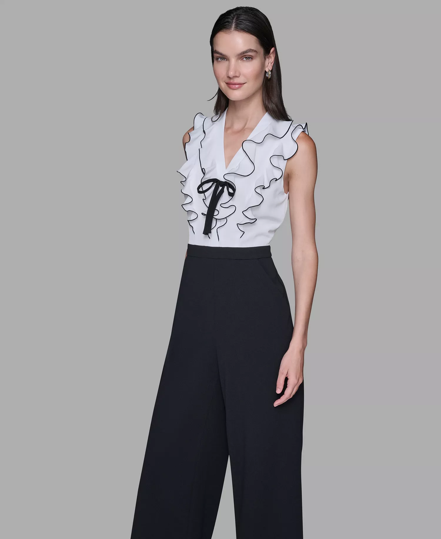 Women's Ruffle V-Neck with Contrast Bow Jumpsuit - Black/Soft White - 14