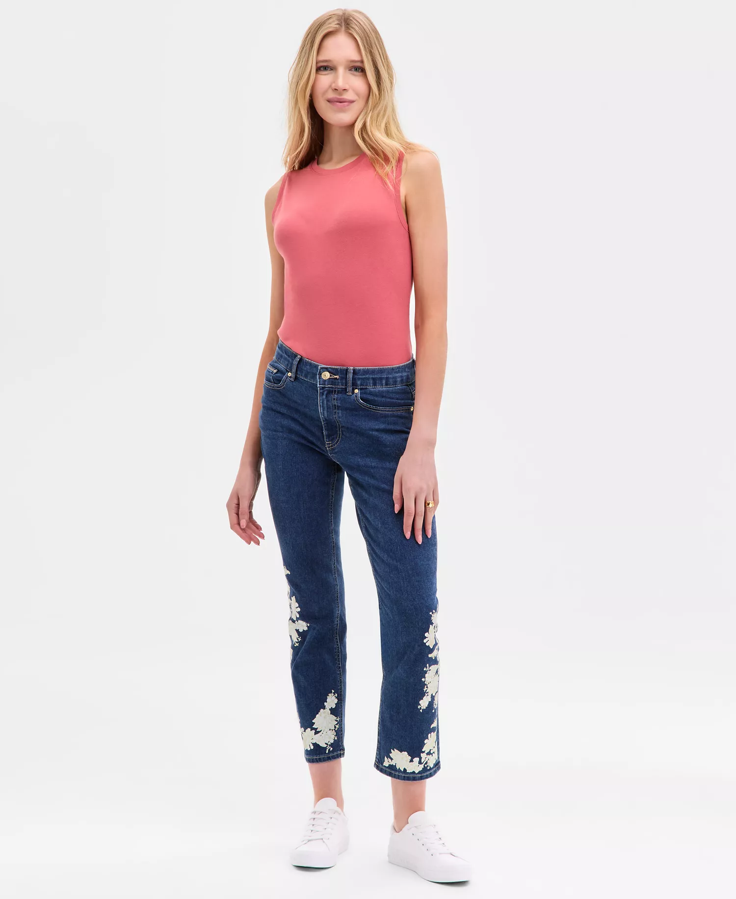 Women's Floral-Trim Straight-Leg Ankle Jeans - Ws 005- Niagara Wash - 8