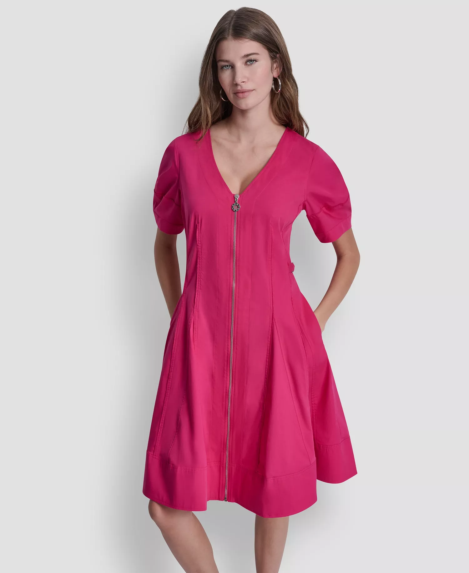 Women's Lantern Puff-Sleeve V-Neck Dress - Hot Pink - 0