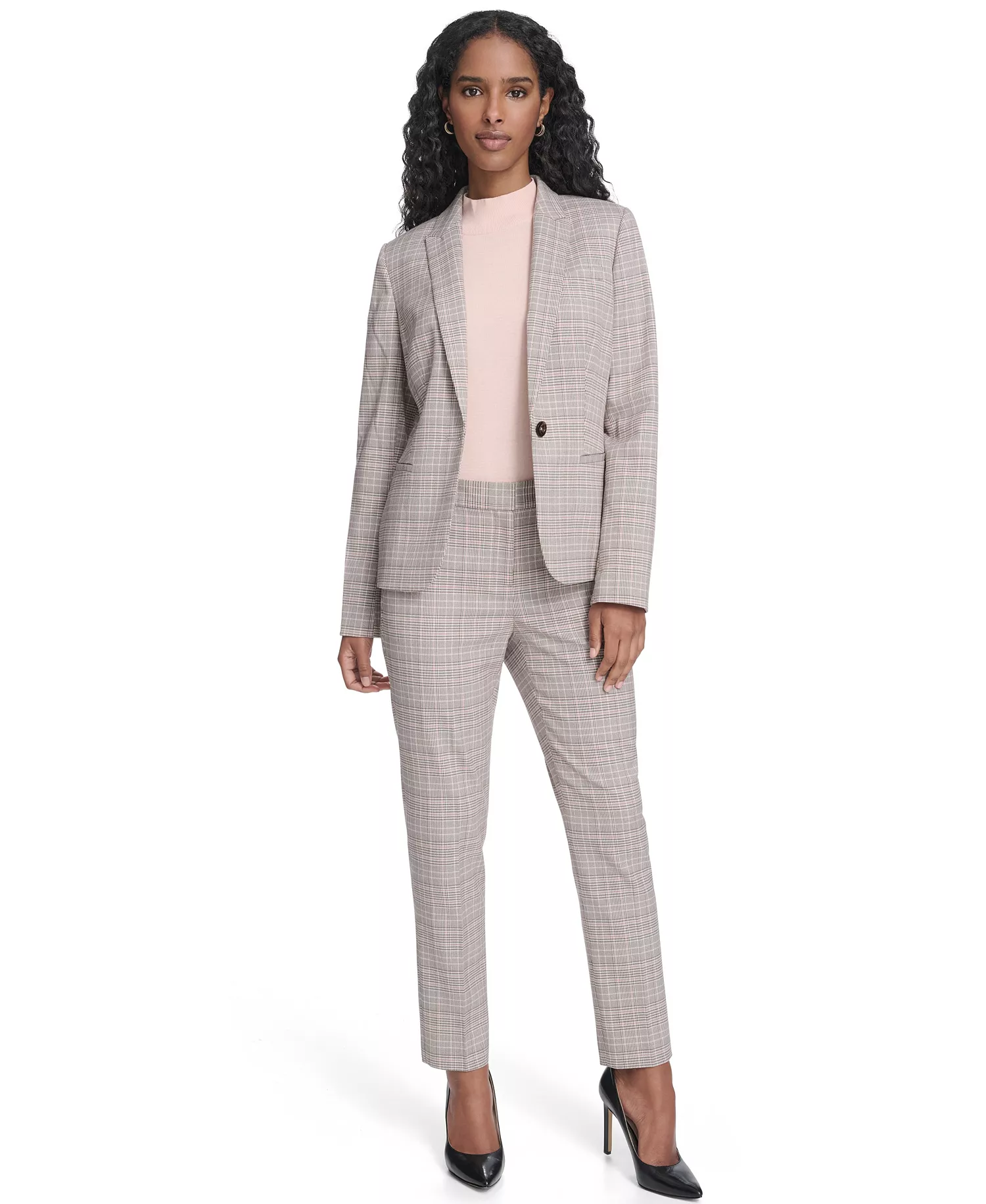 Women's Plaid One Button Blazer Jacket, Floral Clip Draped Crew Neck Top, and Plaid Sloane Ankle Pants - Pale Pink Multi - 0