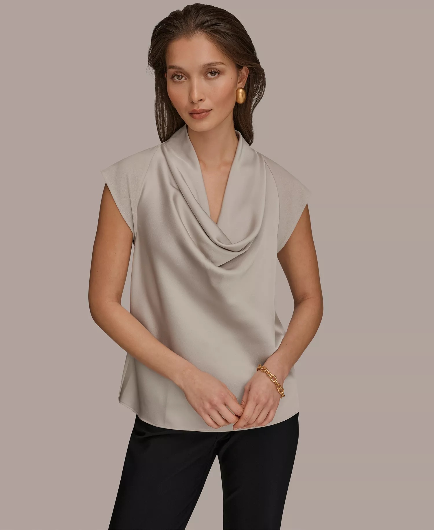 Women's Mixed Media Cowl Neck Top - Tuscan Grey - L