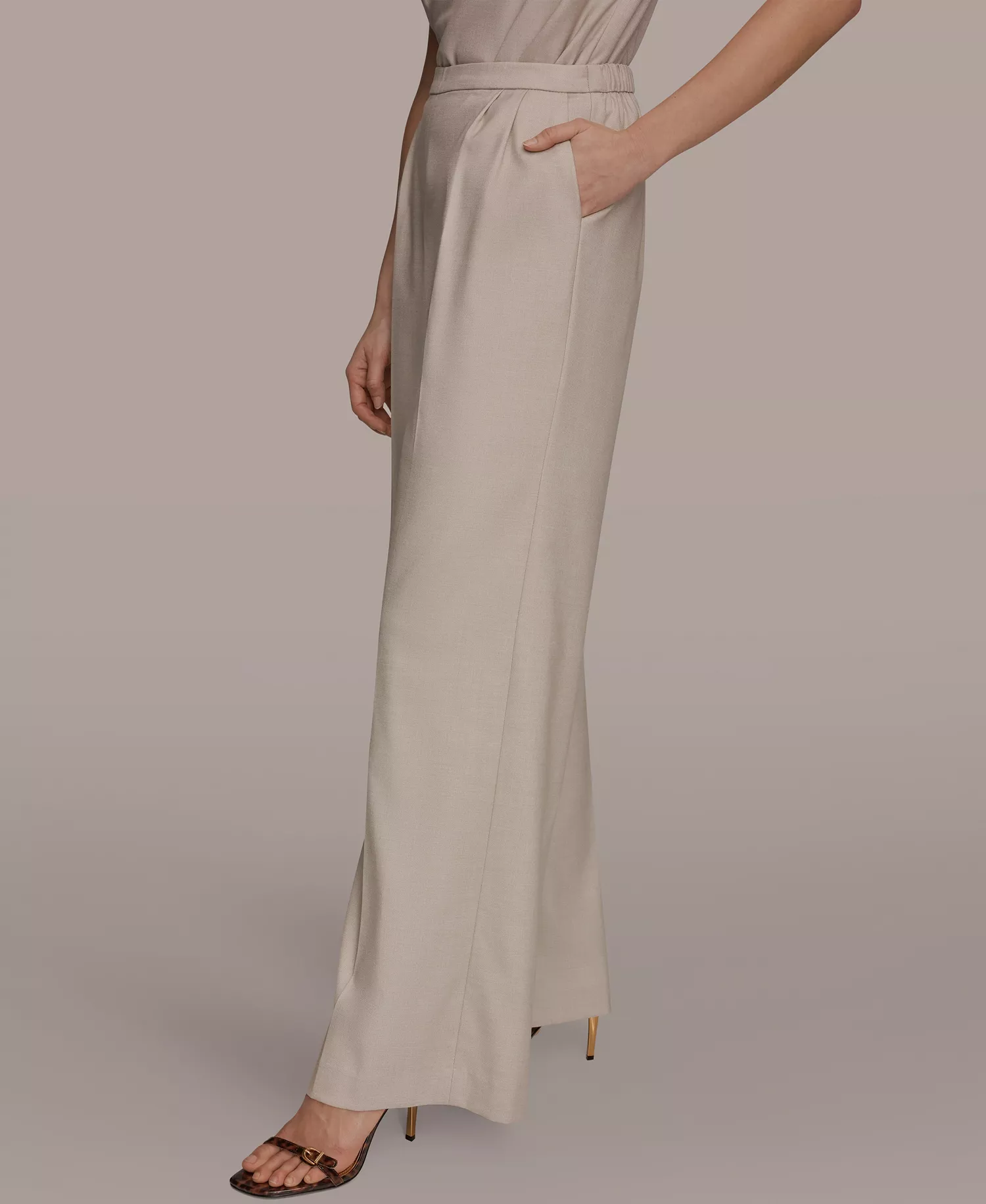 Women's Straight Leg Tie-Waist Pants and Draped Neck Blouse - Tuscan Grey - 0