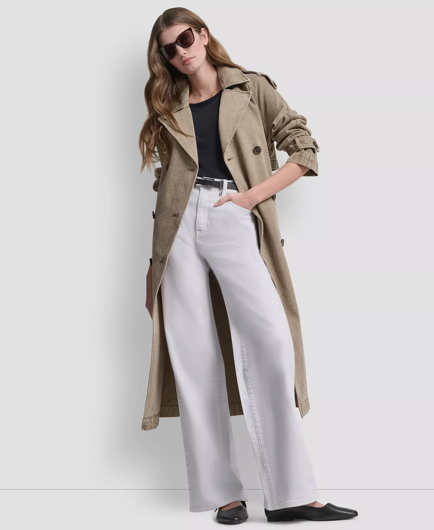 Women's Double Breasted Denim Belted Trench Coat - Khaki - L