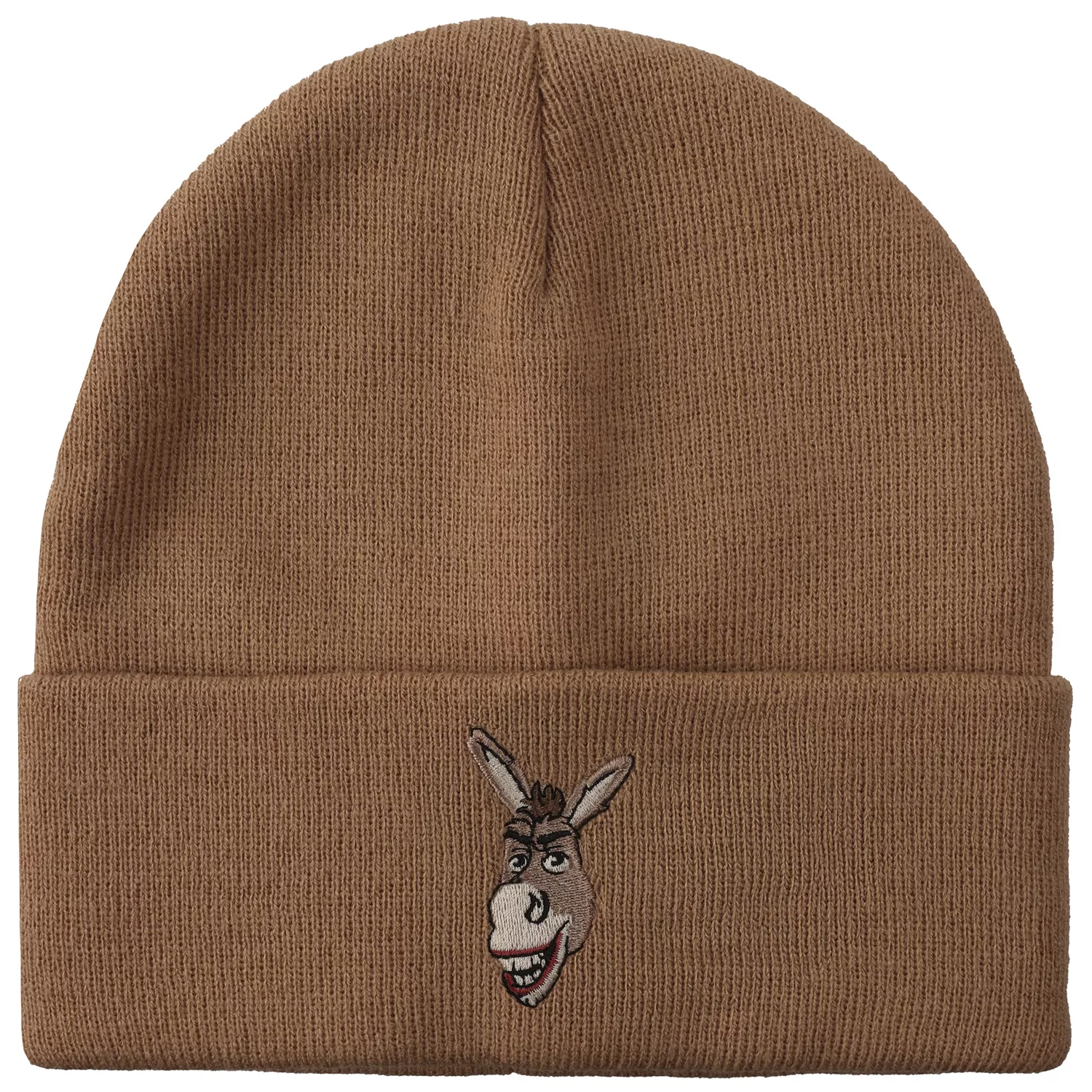 Men's Donkey Embroidery Acrylic Knit Standard Cuff Beanie - Shrek donkey brown - ONE SIZE