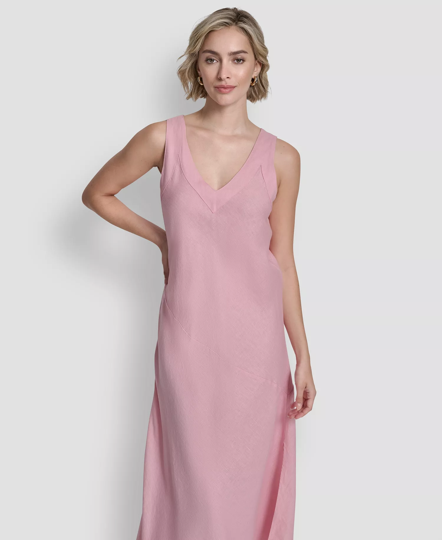 Women's Linen Panelled V-Neck Midi Dress - Bloom Pink - L