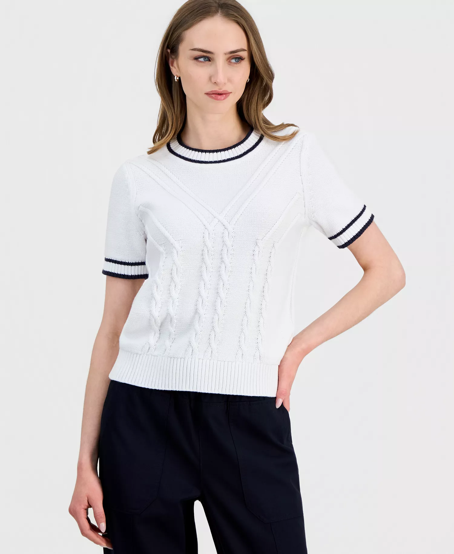 Jeans Women's Short-Sleeve Traveling Cable-Knit Sweater - Bright White Multi - L