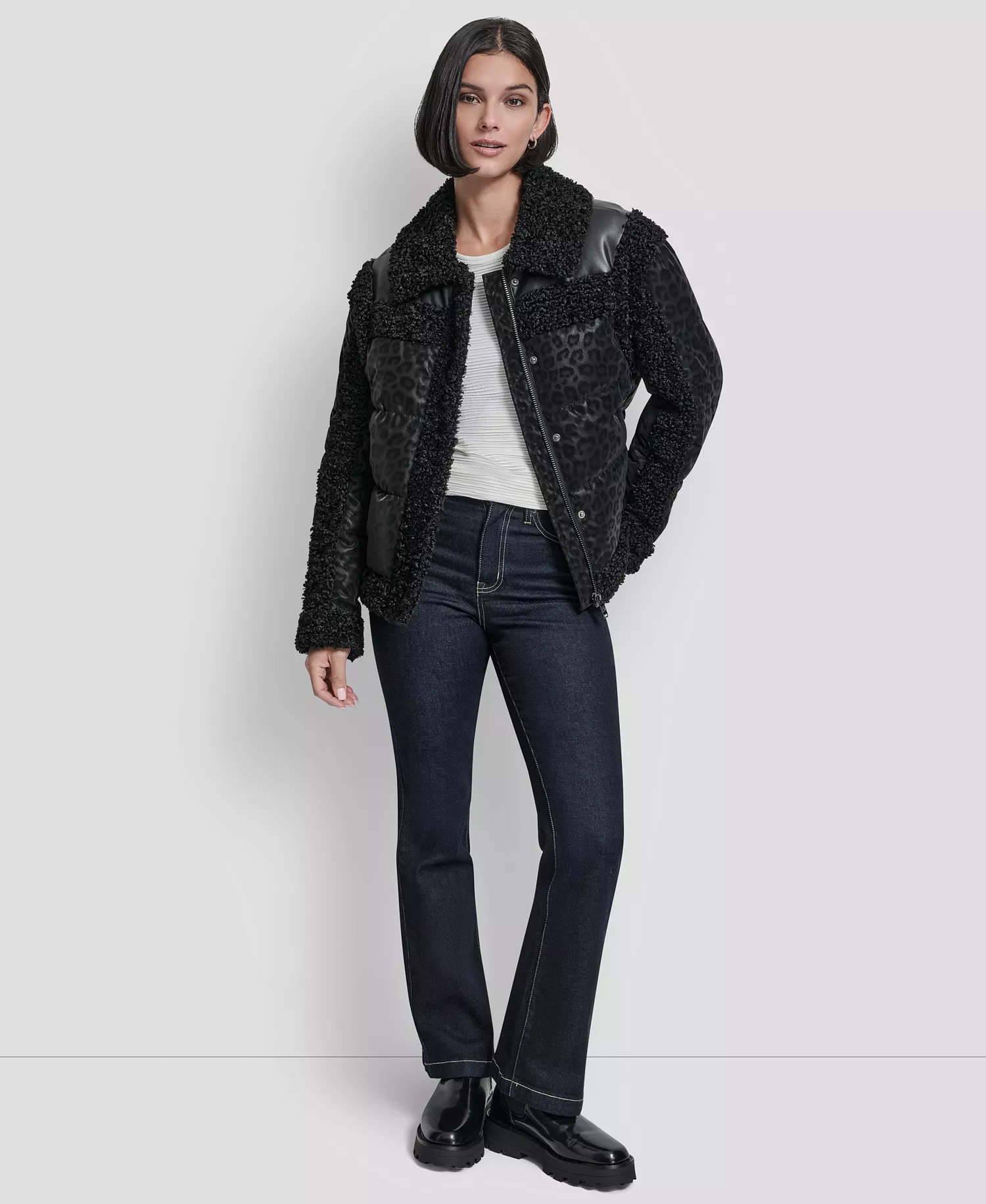 Women's Collared Mixed Media Cheetah Tech Jacket - Black - L