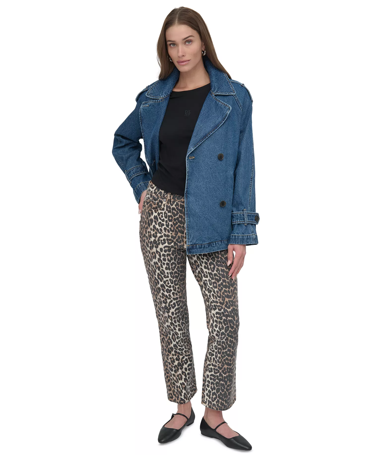 Women's Short Belted Double-Breasted Trench Coat - Washed Denim - L