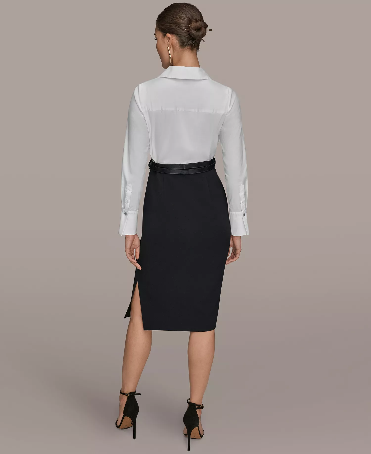 Women's V-Neck Belted Contrast Wrap Sheath Midi Dress - Cream/Black - 10