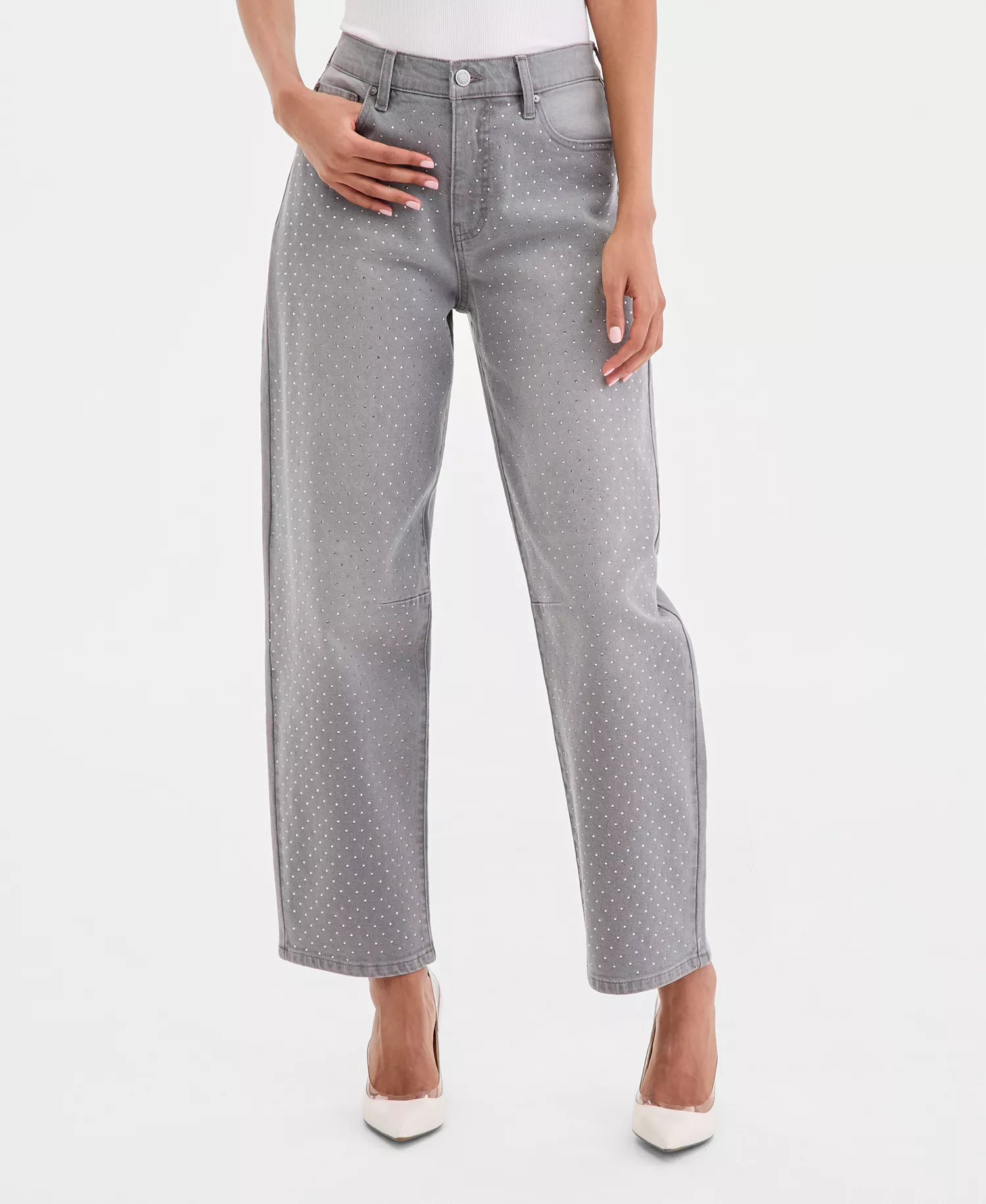 Women's High-Rise Rhinestone Barrel-Leg Jeans, Macy's Exclusive - Perry Wash - 0