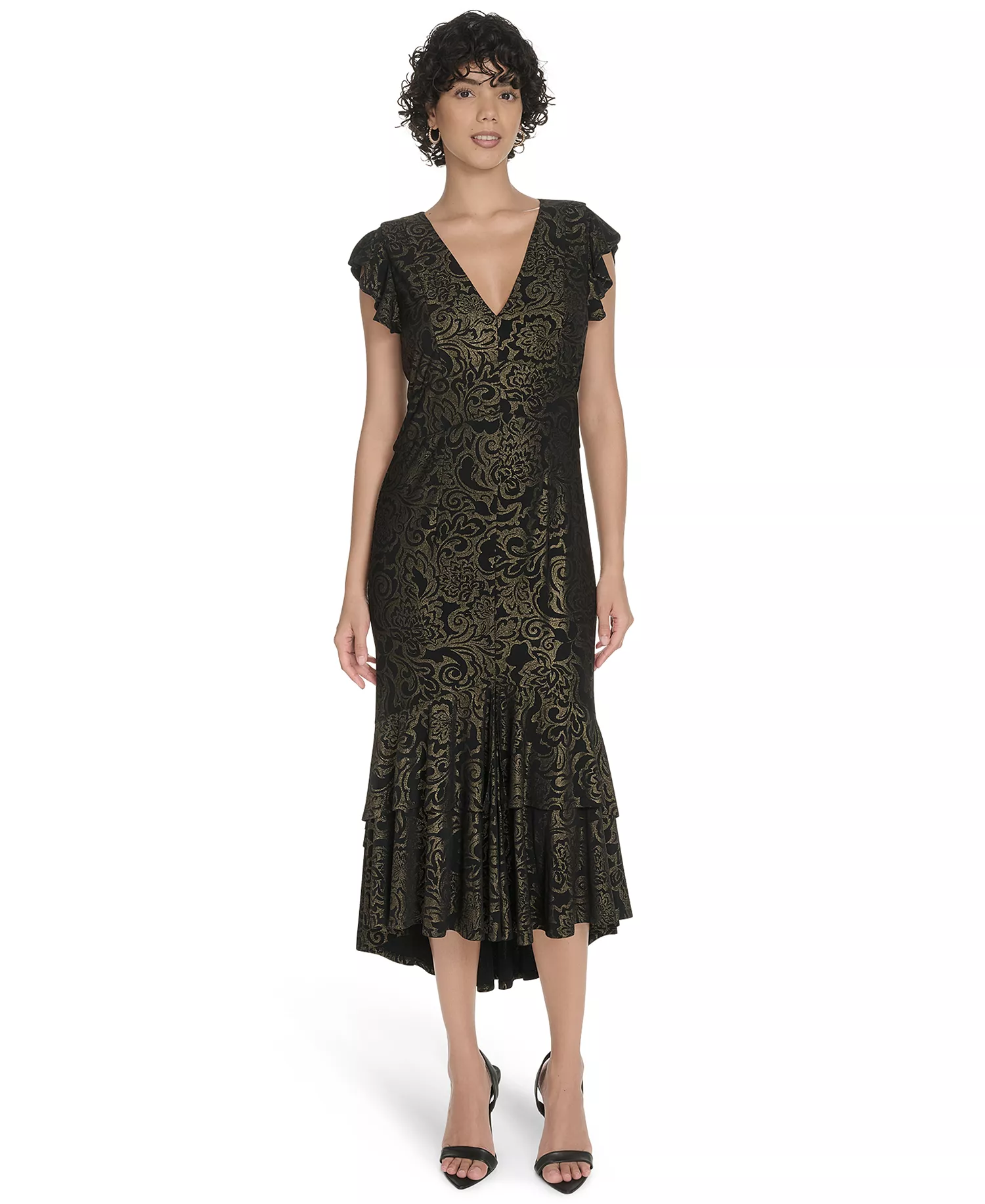 Petite Flutter Sleeve Foil Midi Dress - Black/Gold - 0P