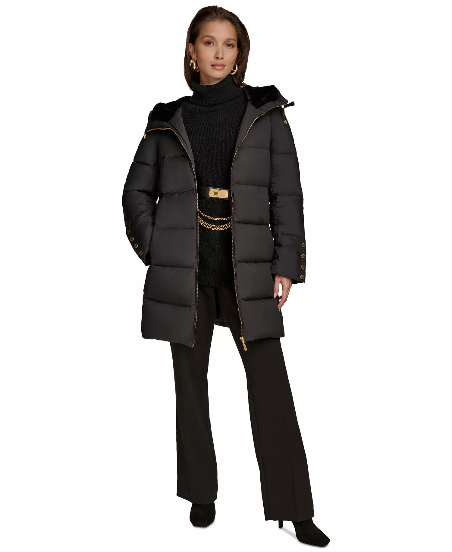 Women's Hooded Down Puffer Coat - Black - L