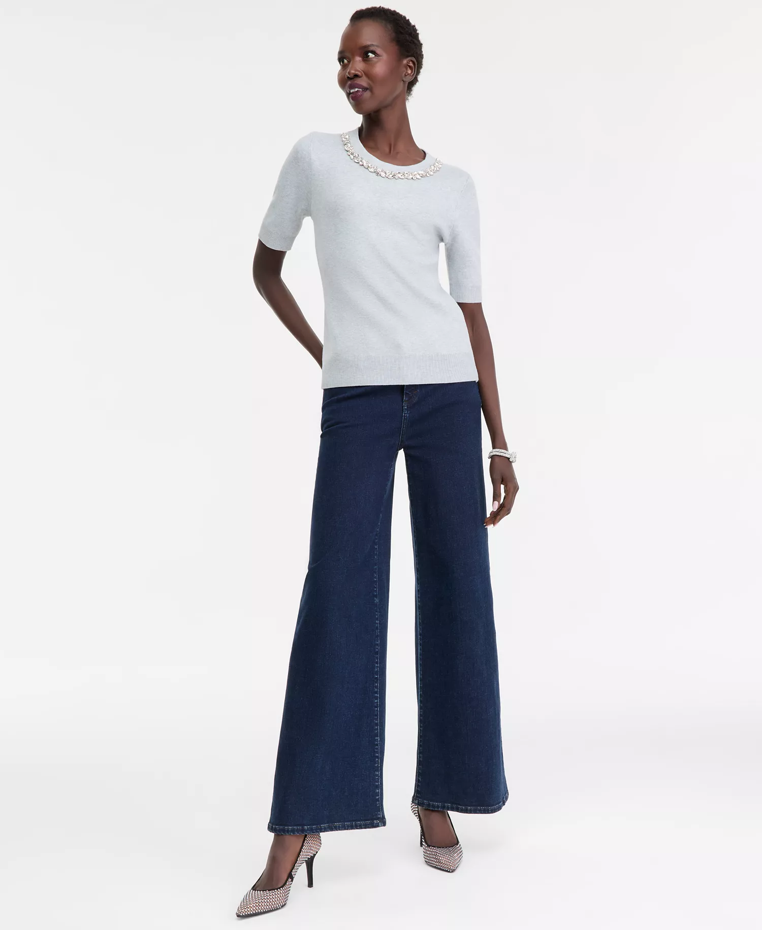 Women's Short-Sleeve Embellished-Neck Sweater, Macy's Exclusive - Hthr Belle - M