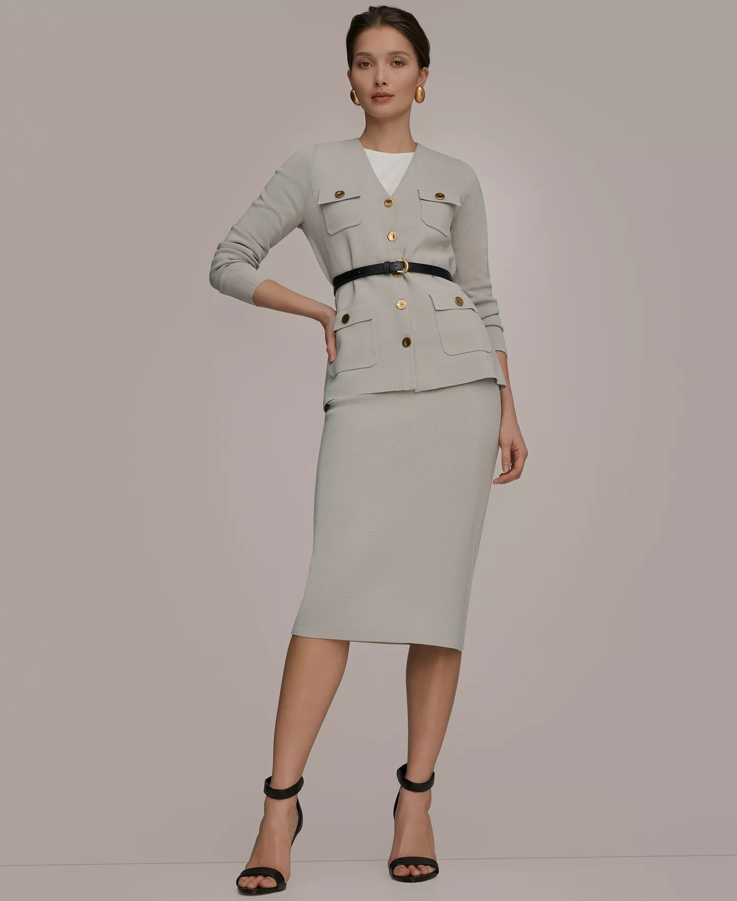 Women's 5-Button Belted Jacket, Regular & Petite - Tuscan Gray - L