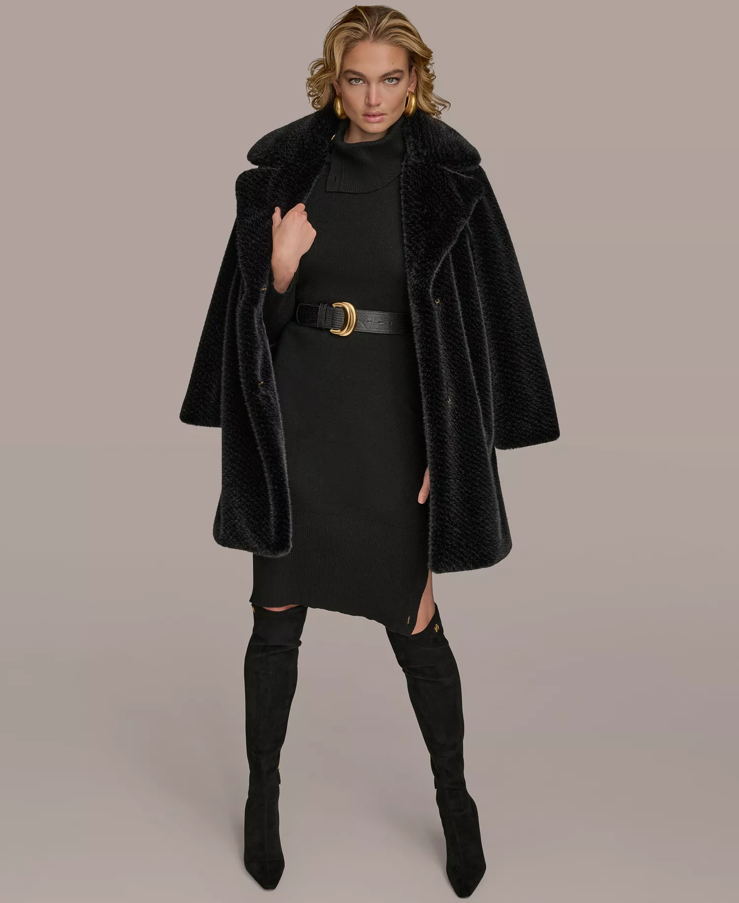 Women's Notched-Collar Faux-Fur Coat - Black - M