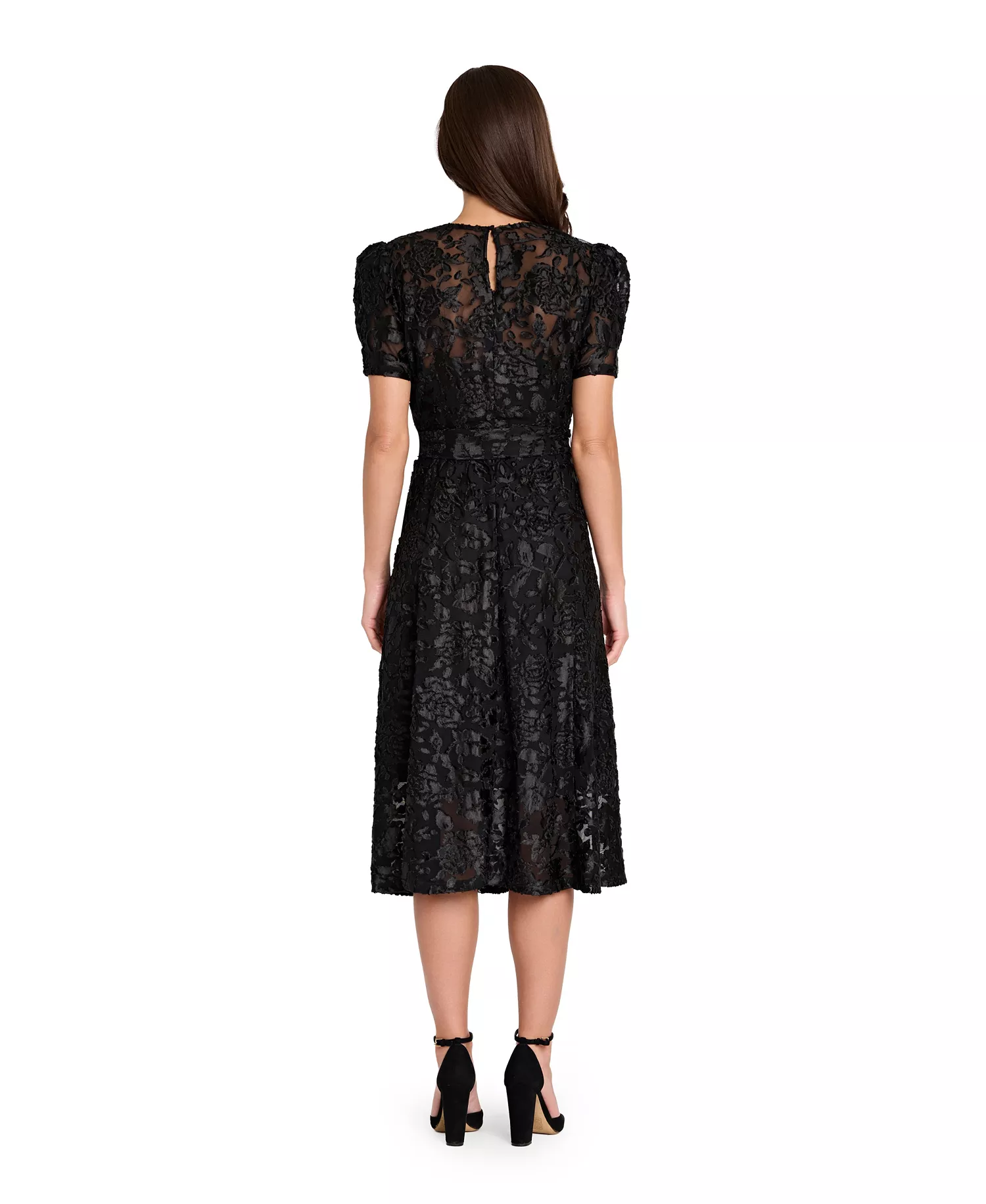 Women's Puff Short-Sleeve Burnout Dress - Black - 10