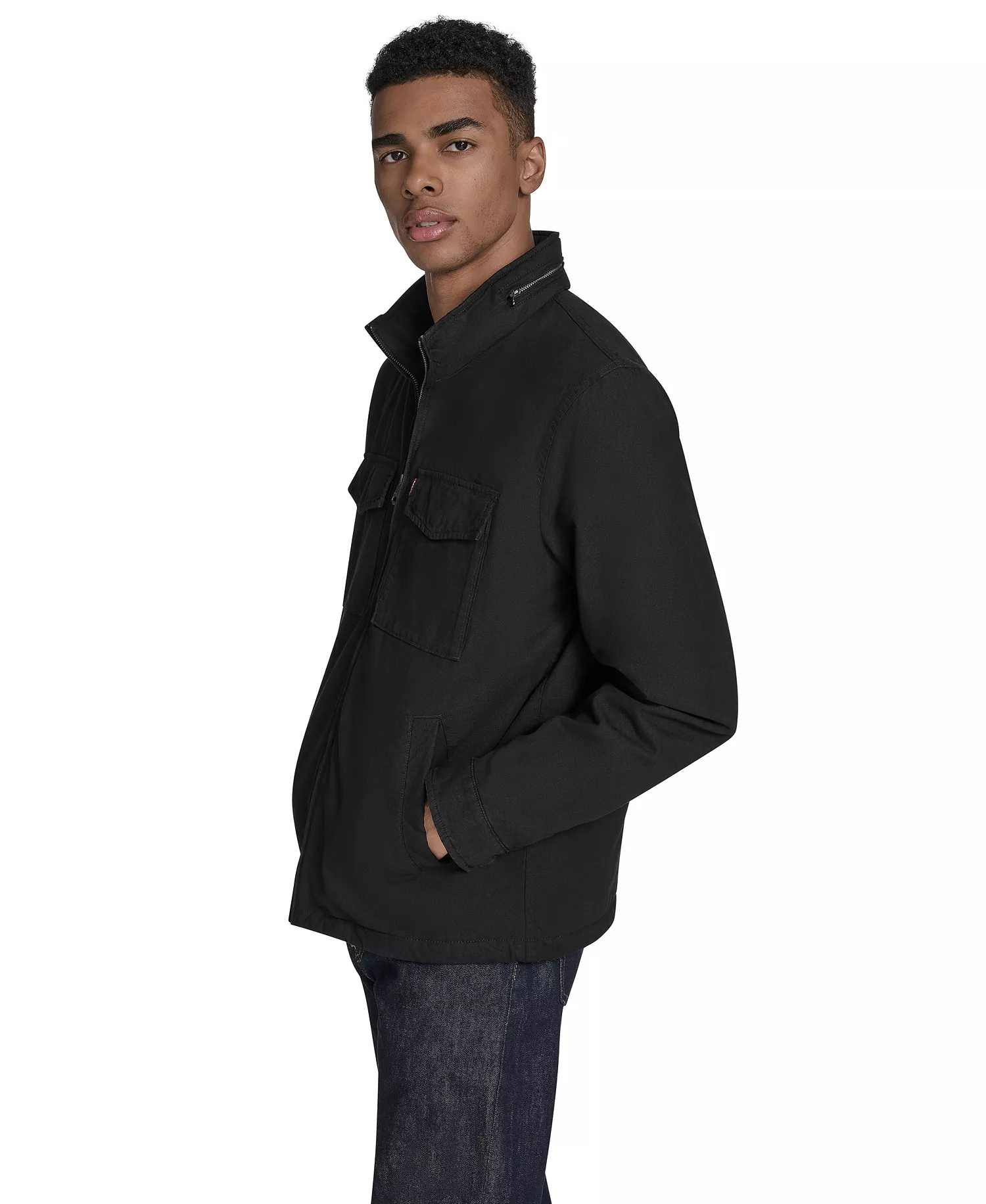 Men's Cotton Military Jacket - Black - L