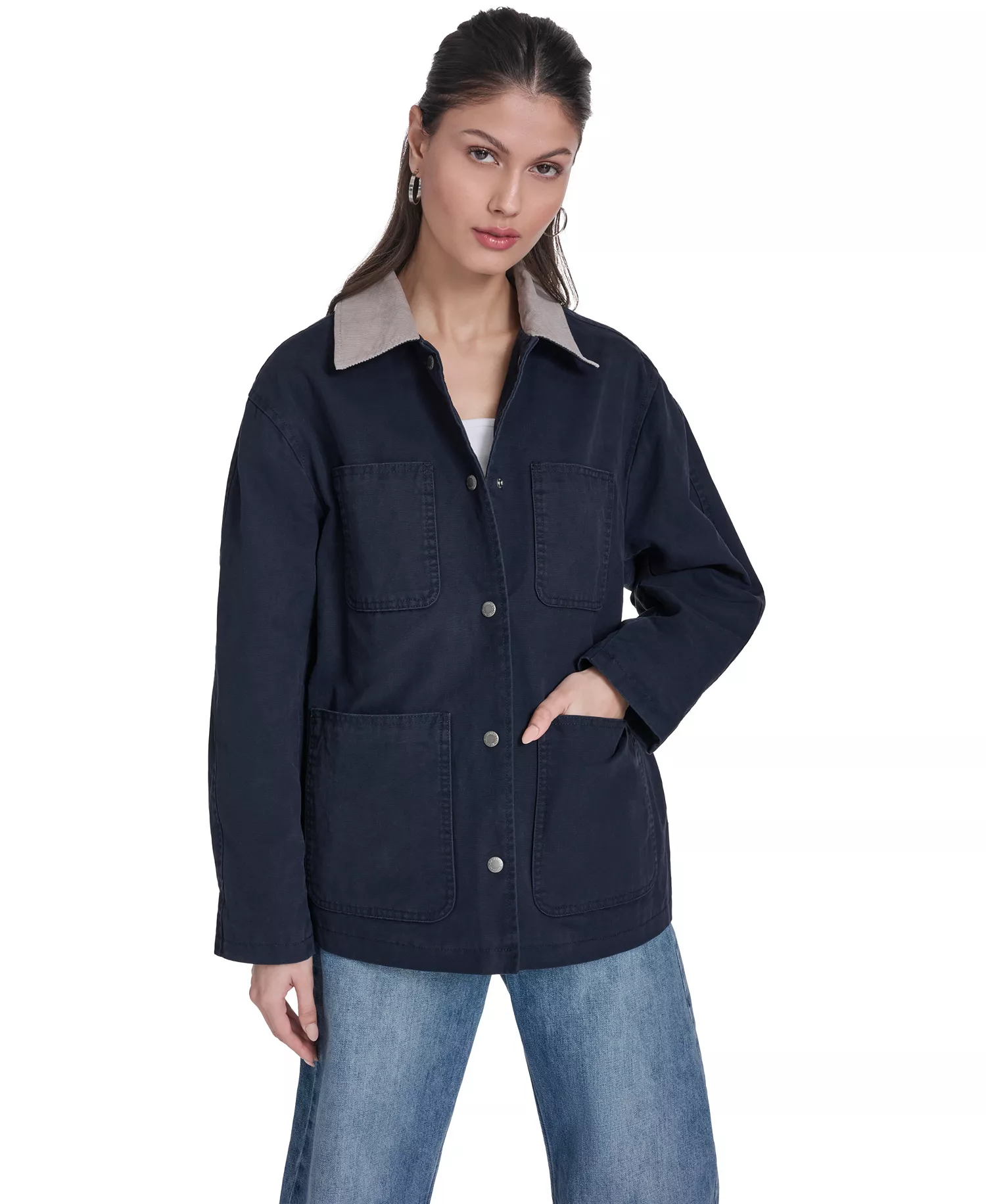 Women's Laydown Collar Jacket - Navy With Tan Collar - L
