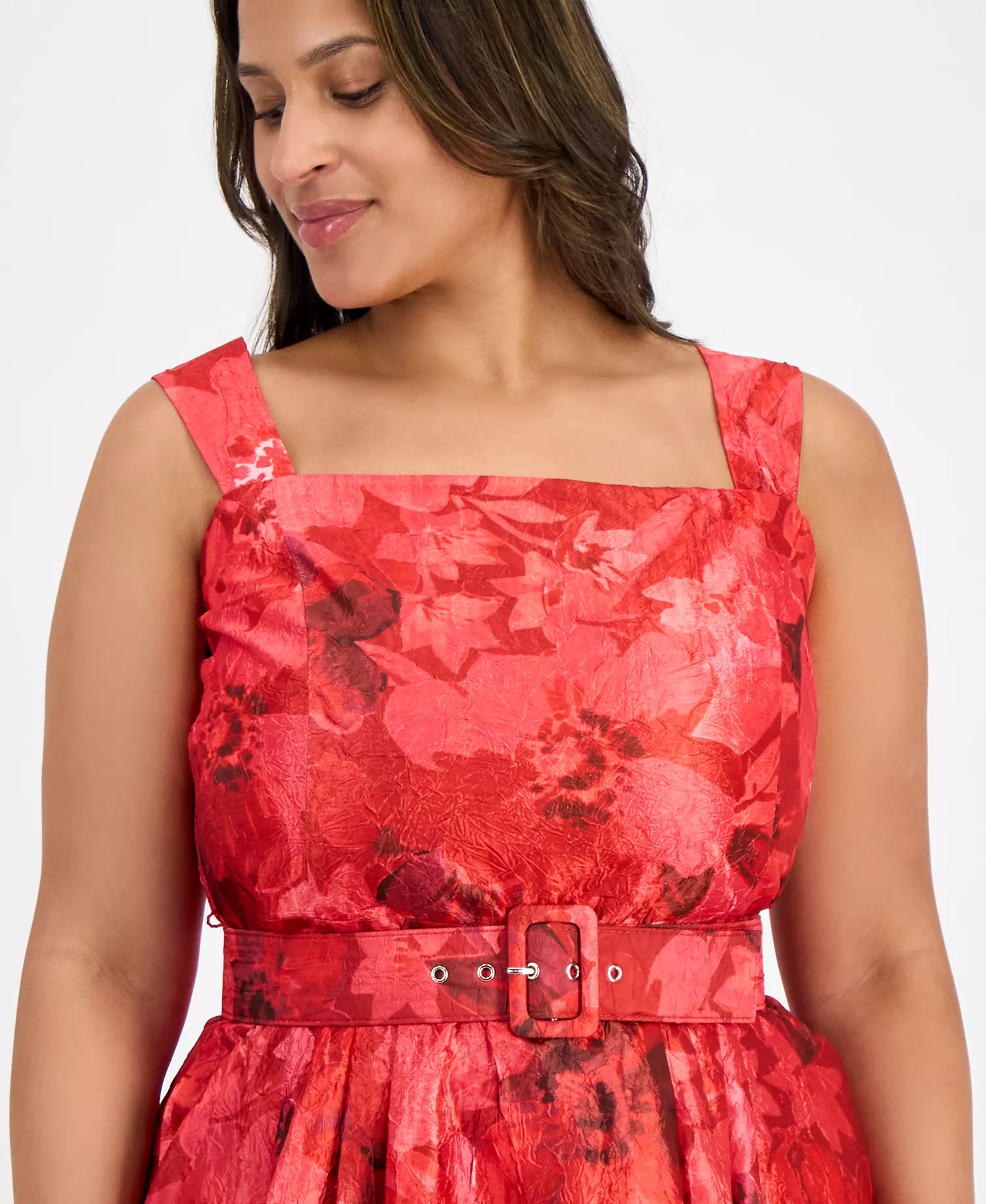 Plus Size Jacquard Belted Fit & Flare Dress - Crimson Floral - 14W