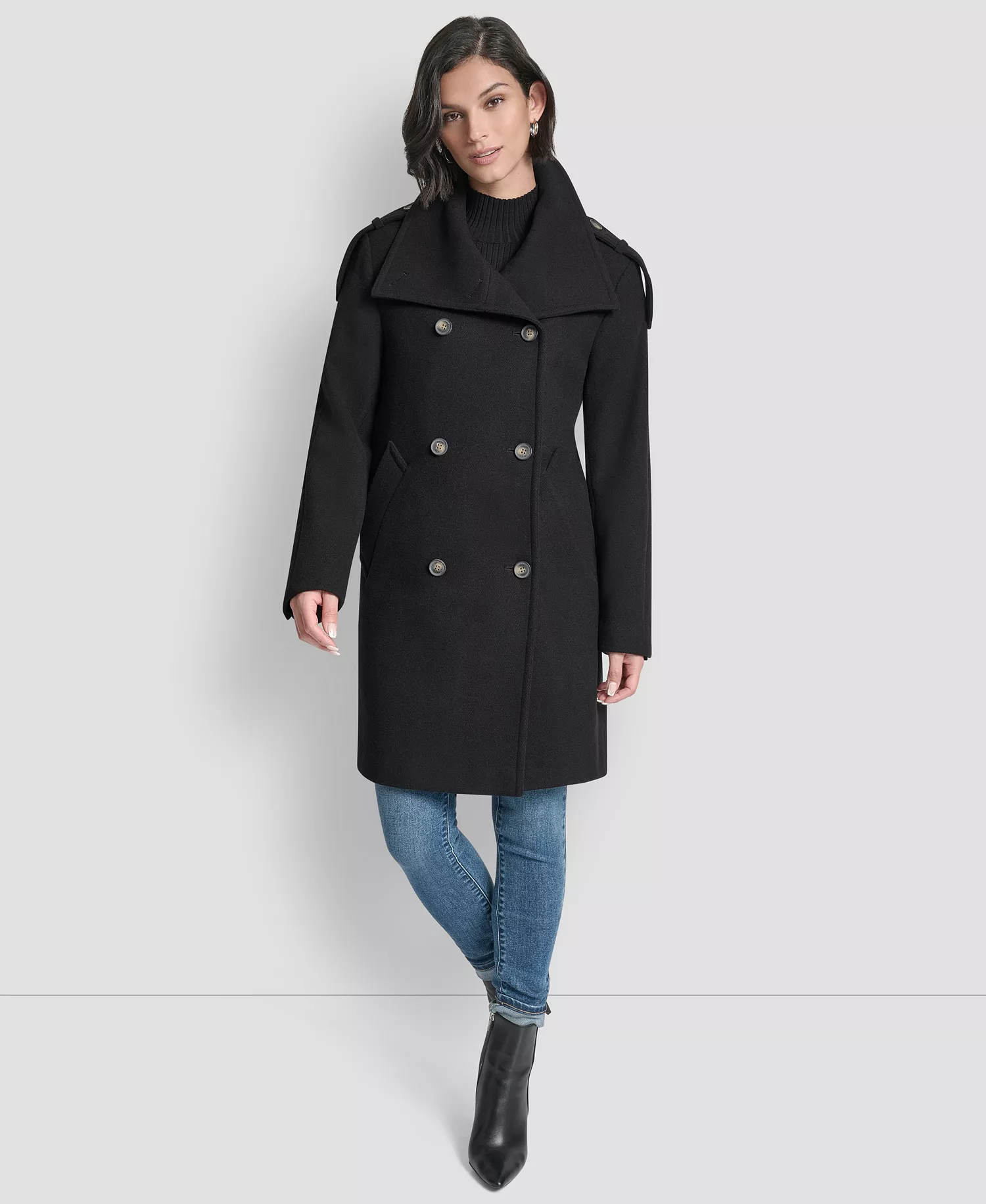 Women's Double-Breasted Funnel Neck Military Coat - Black - L