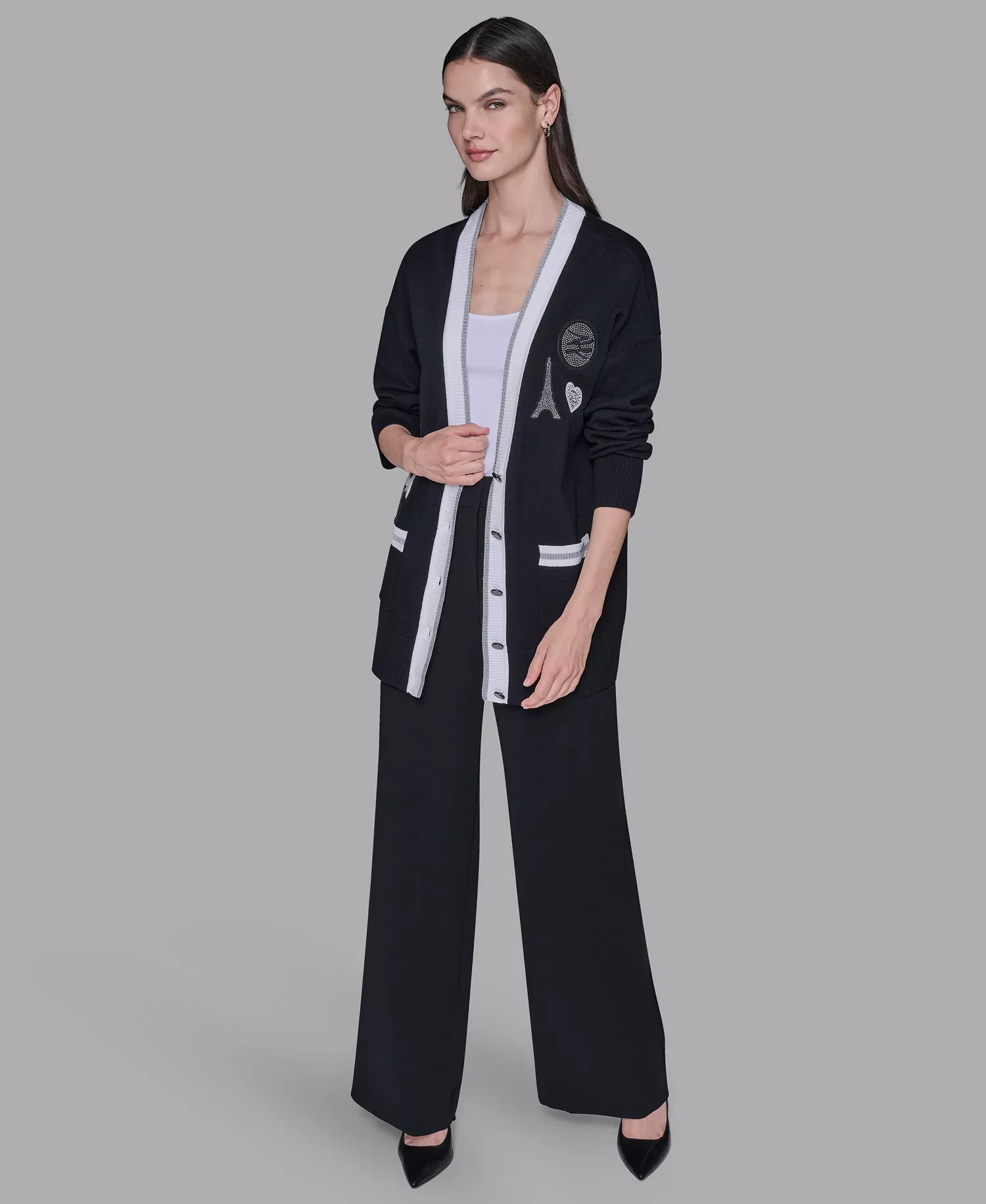 Women's Patch Detail Cardigan Sweater - Black/Soft White - L