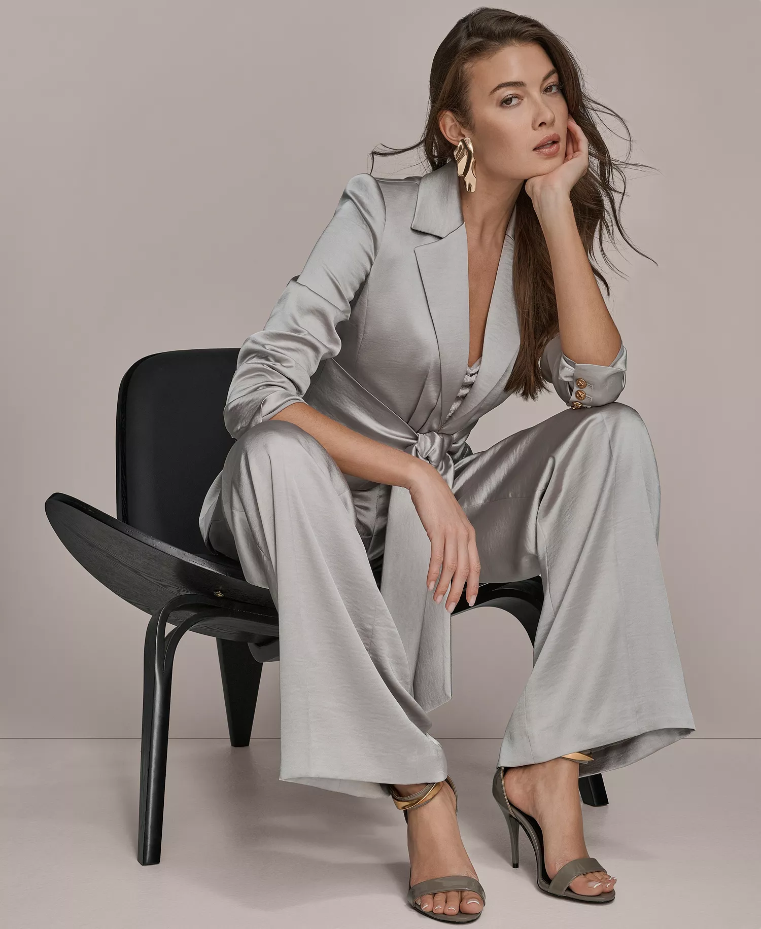 Women's Notch Lapel Collar Blazer, Sequin Detail Cowl Neck Camisole and Wide-Leg Mid-Rise Pants - Vapor - 0
