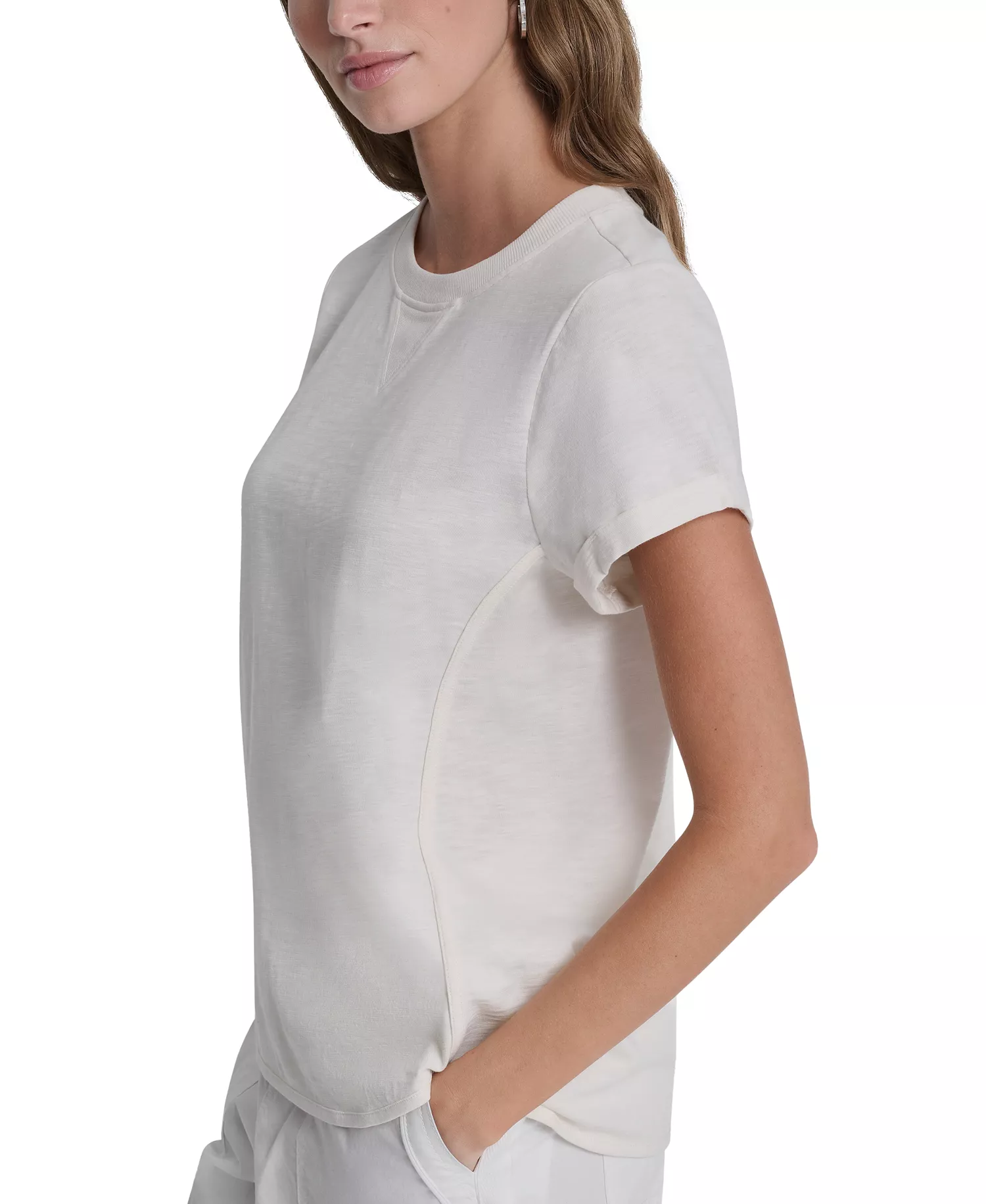 Women's Embroidered Crewneck Logo Roll-Sleeve Top - Eggnog - L