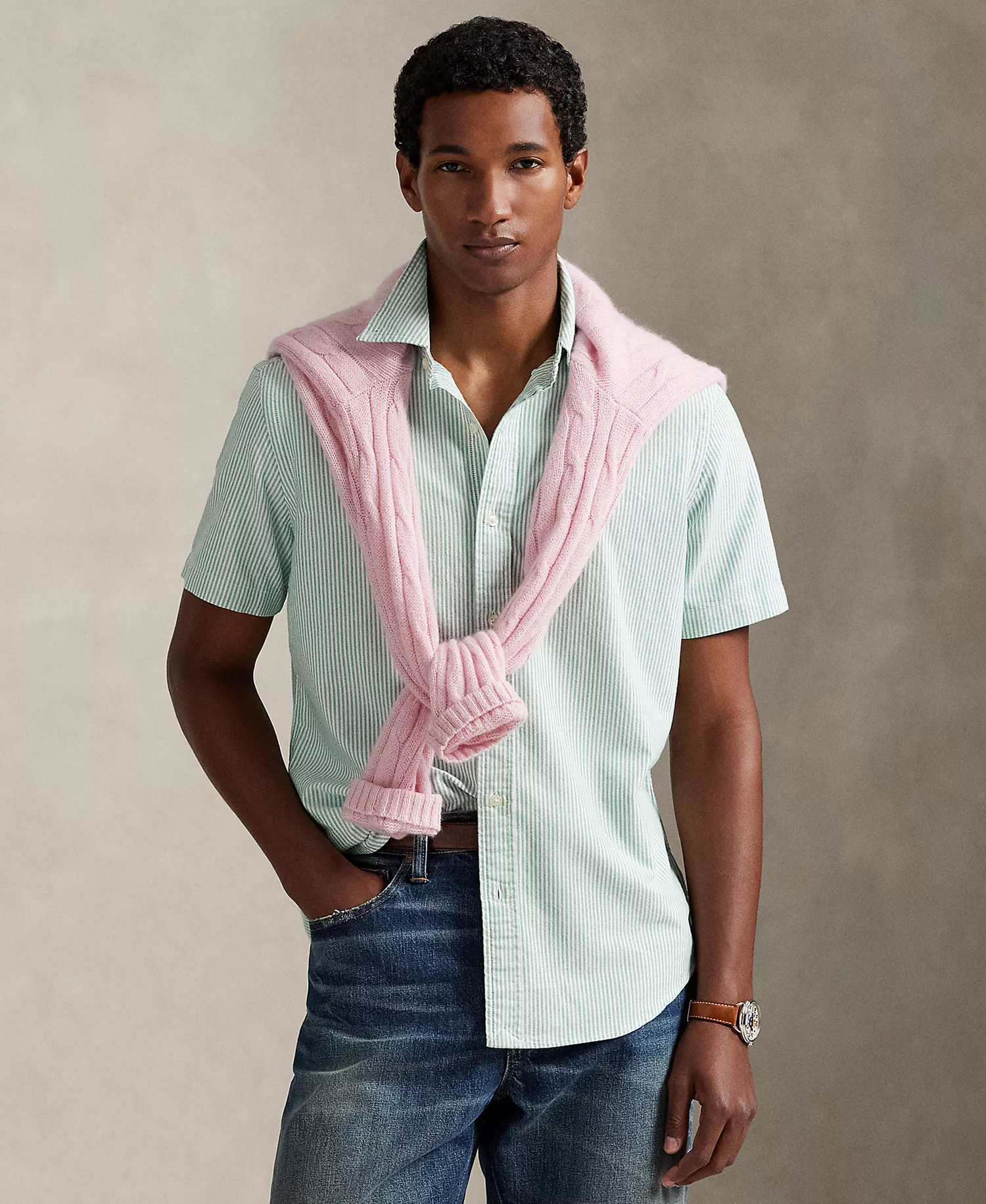 Men's Classic-Fit Striped Oxford Shirt - Hillside Green/White - XS