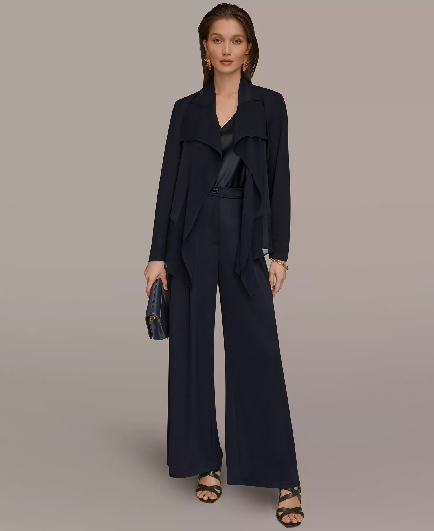 Women's Mixed Media Collared Neck Jacket and Pleated Zip-Fly Pants - Nightfall - L