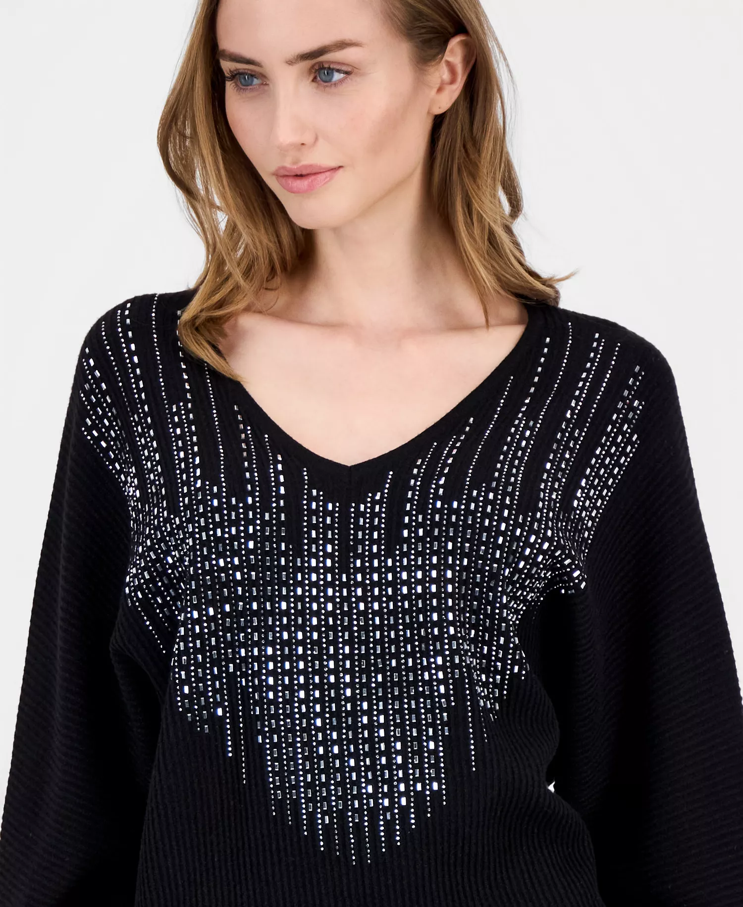 Women's Embellished Dolman-Sleeve Sweater - Black - L