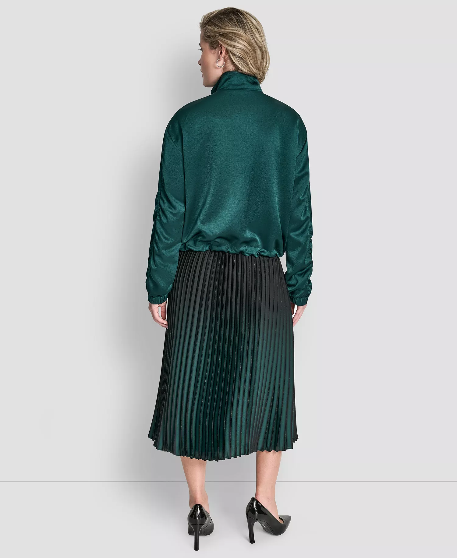 Women's Mock Neck Ruched Cropped Bomber Jacket - Atlantic Green - L