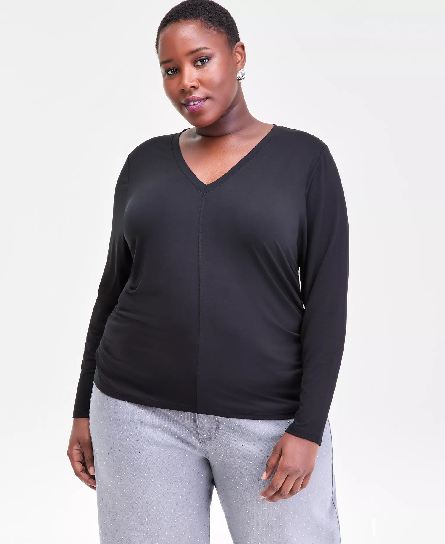 Plus Size V-Neck Long-Sleeve Layering Top, Macy's Exclusive - Deep Black - 0X