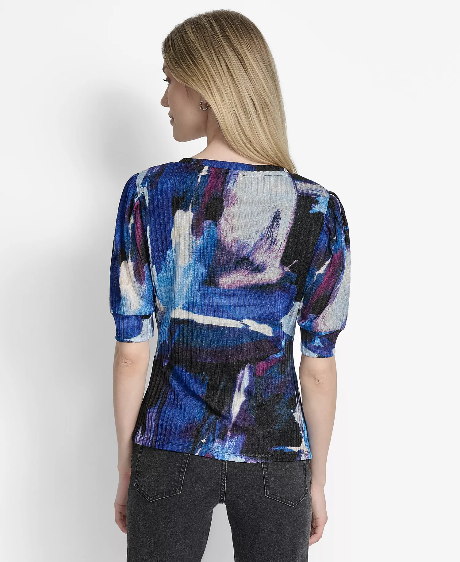 Women's Printed Puff-Sleeve Ruched Top - Blue Brush Stroke - S