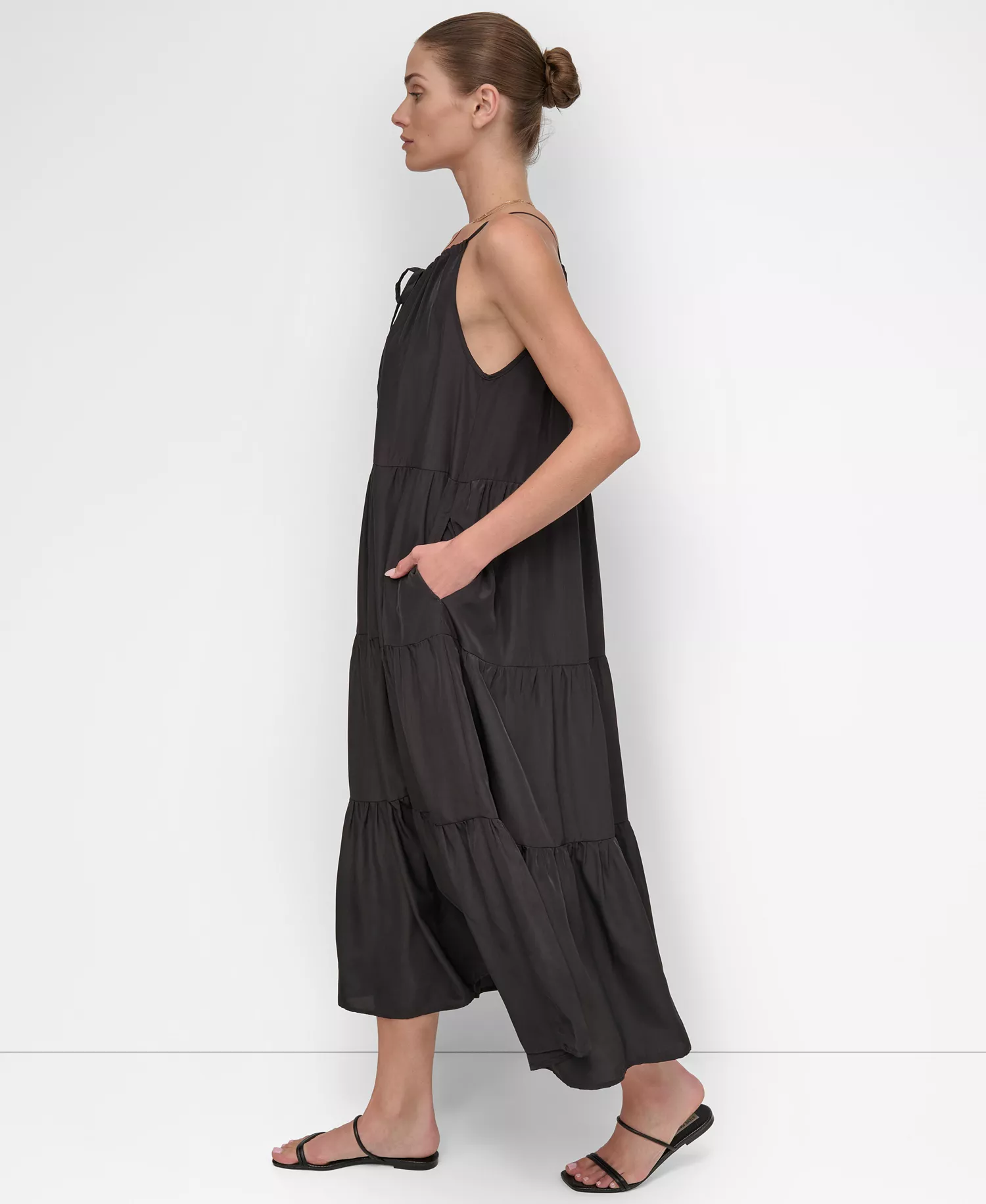 Women's Tiered Maxi Dress Swim Cover-Up - Black - L