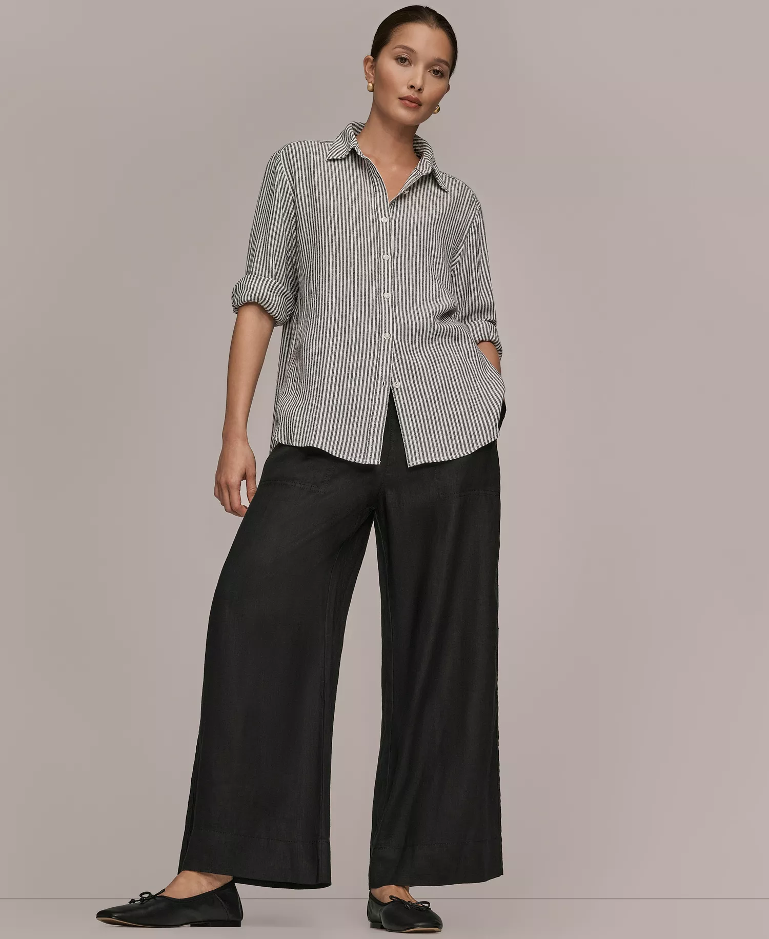 Women's Collared Button Striped Front Shirt - Thin Black Stripe - L