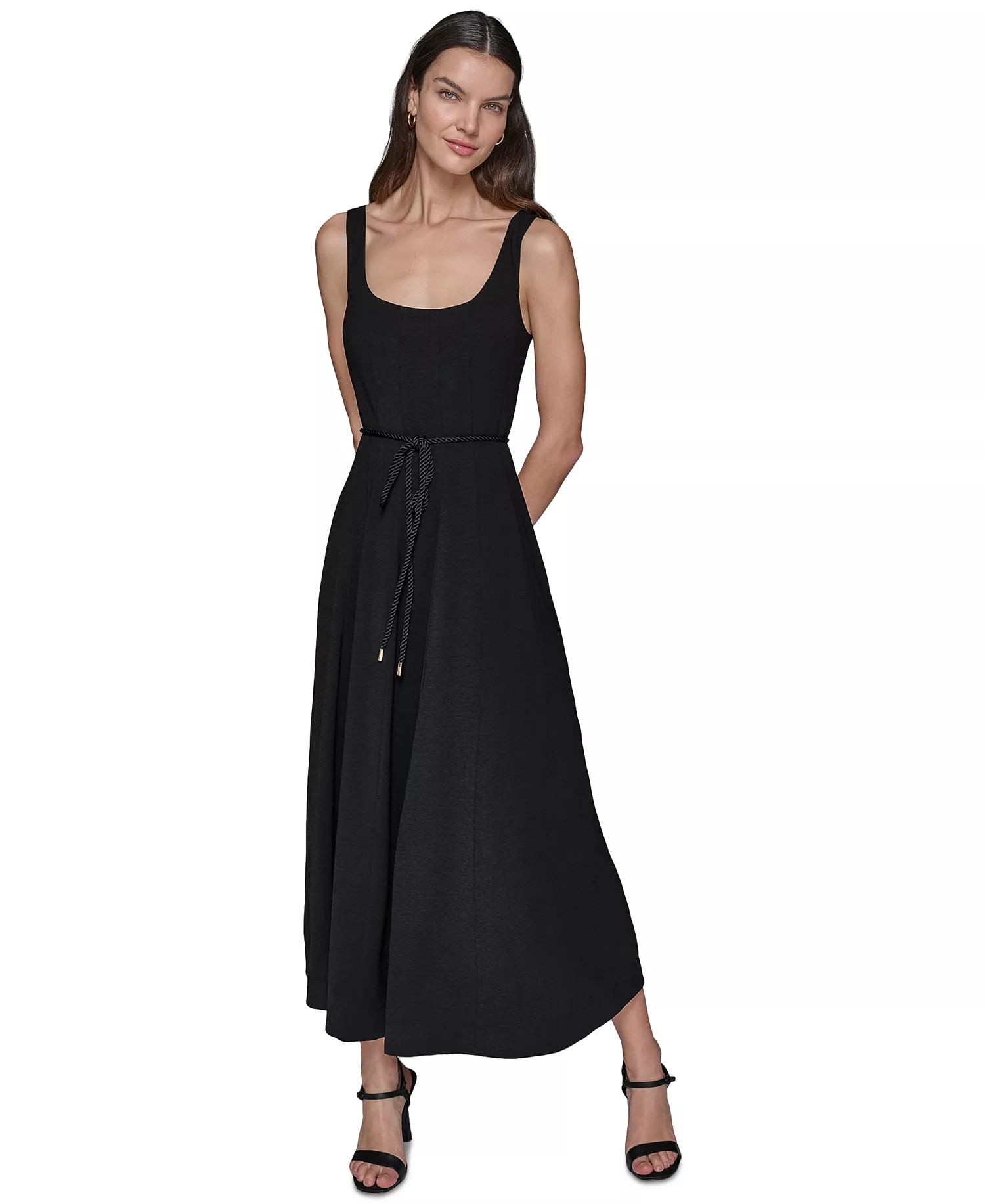 Women's Scoop-Neck Belted Sleeveless Midi Dress - Black - 0