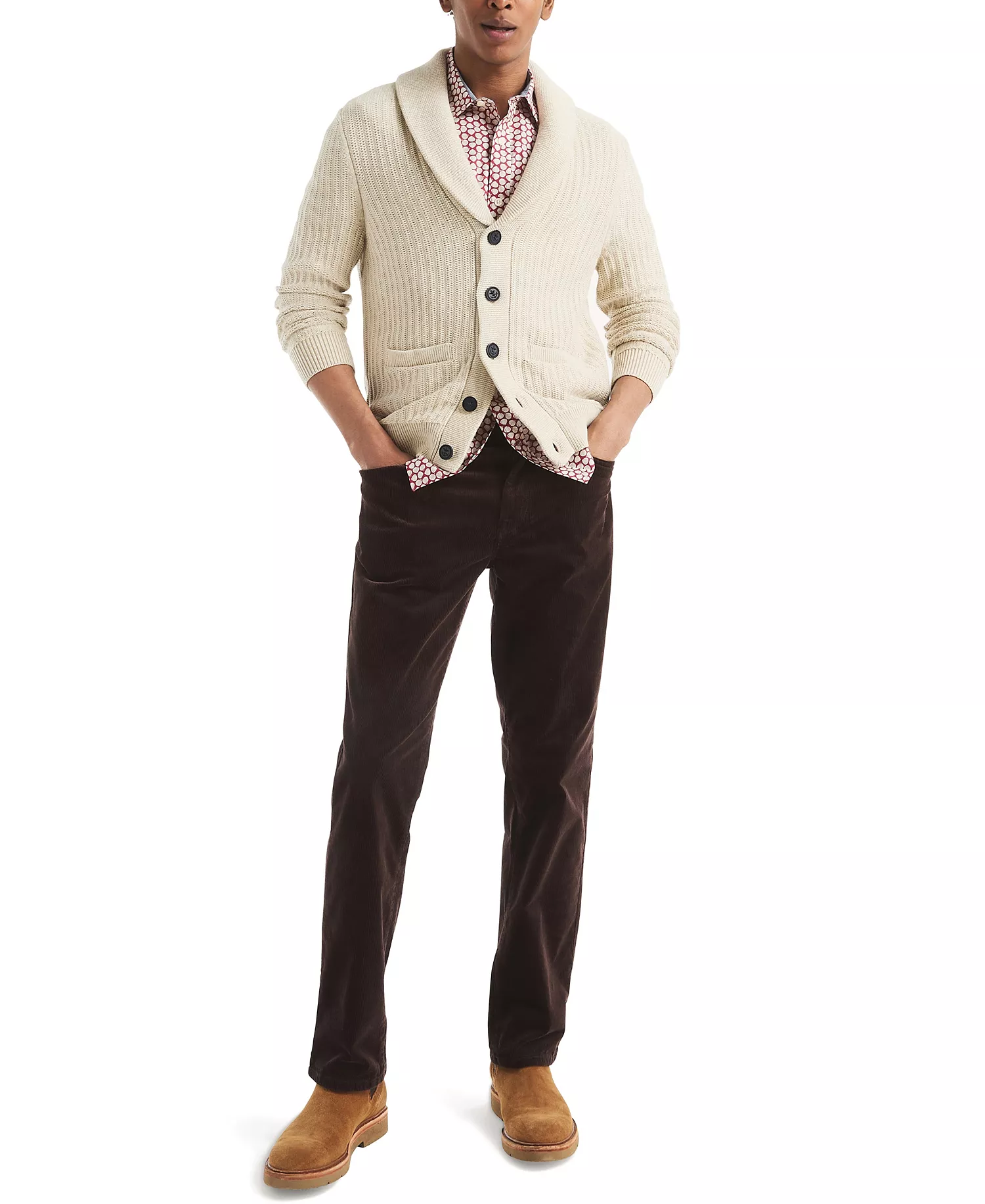 Men's Textured Long Sleeve Cardigan Sweater - Oatmeal Heather - M