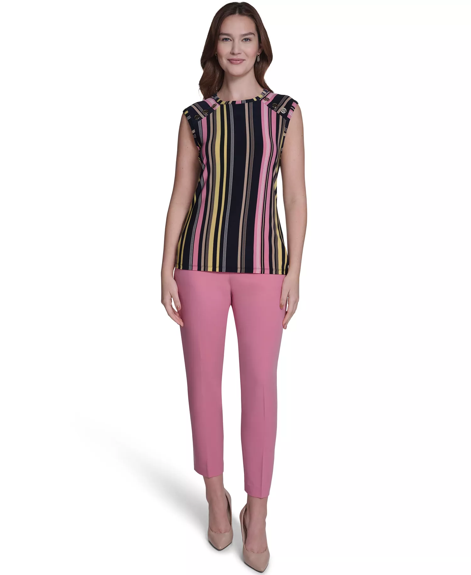 Women's Sleeveless Crewneck Stripe Top - Midnight/Pink Tulip - L