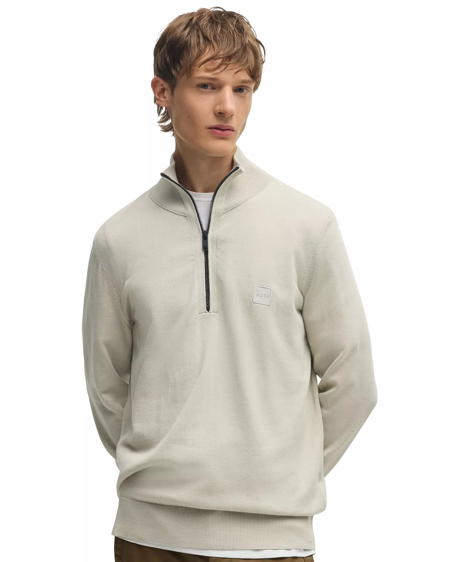 Men's Logo Patch Zip-Neck Sweater - Open Beige - M