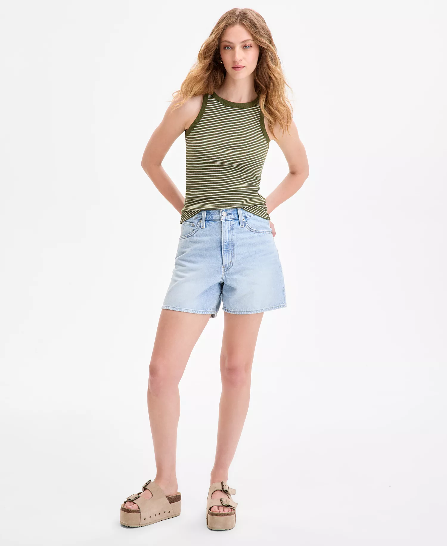 Women's Cotton Cinch-Waist Denim Shorts  - Abraided Art Short - Light Wash - 24