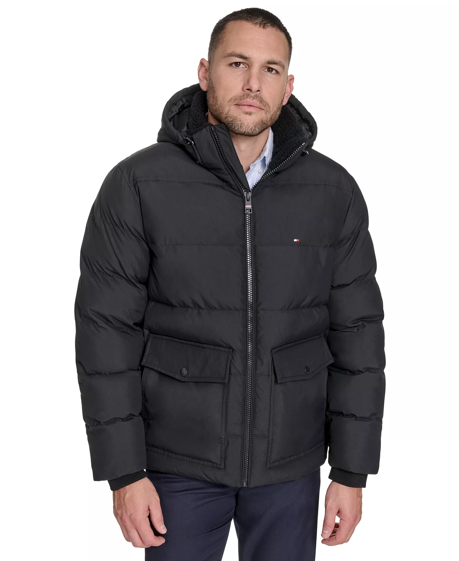 Men's Two Pocket Hooded Puffer Jacket - Black - 2XL