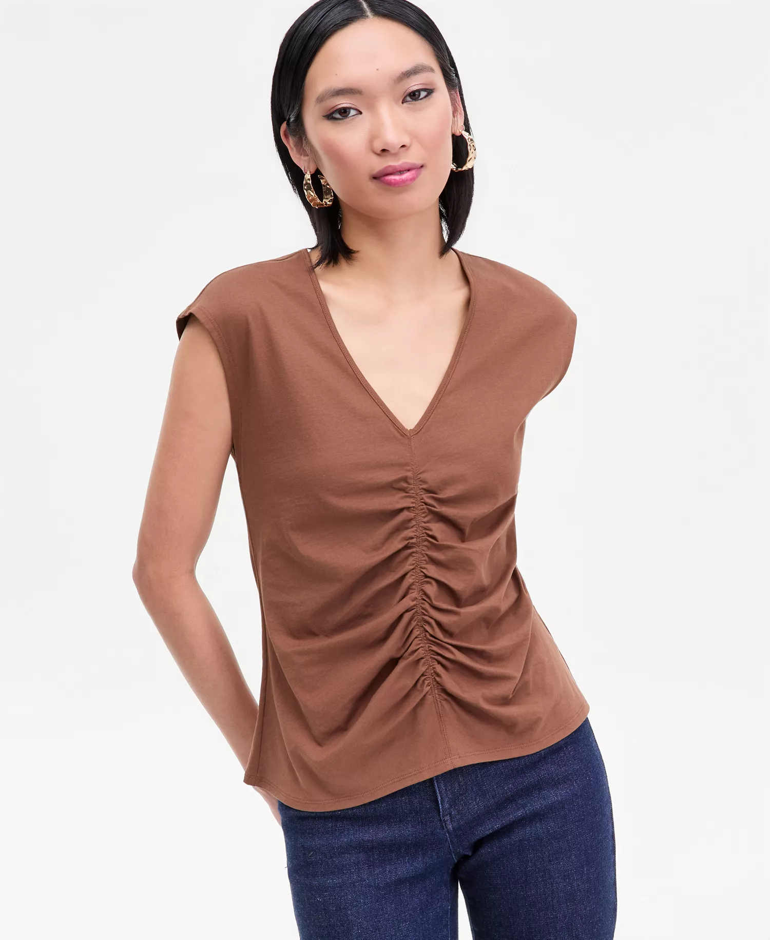 Women's Cap Sleeve Ruched Cotton V-Neck T-Shirt, Macy's Exclusive - Bison - L