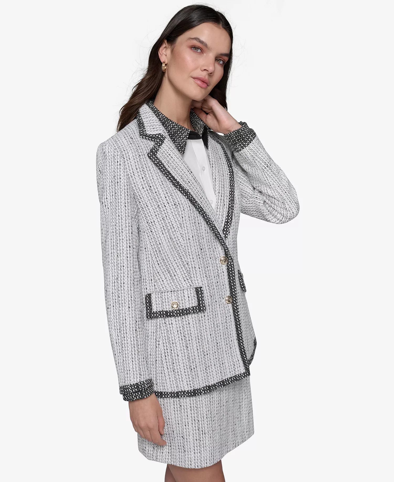 Tweed Blazer, Blouse & Tweed A-Line Skirt - Soft White/ Black - 10