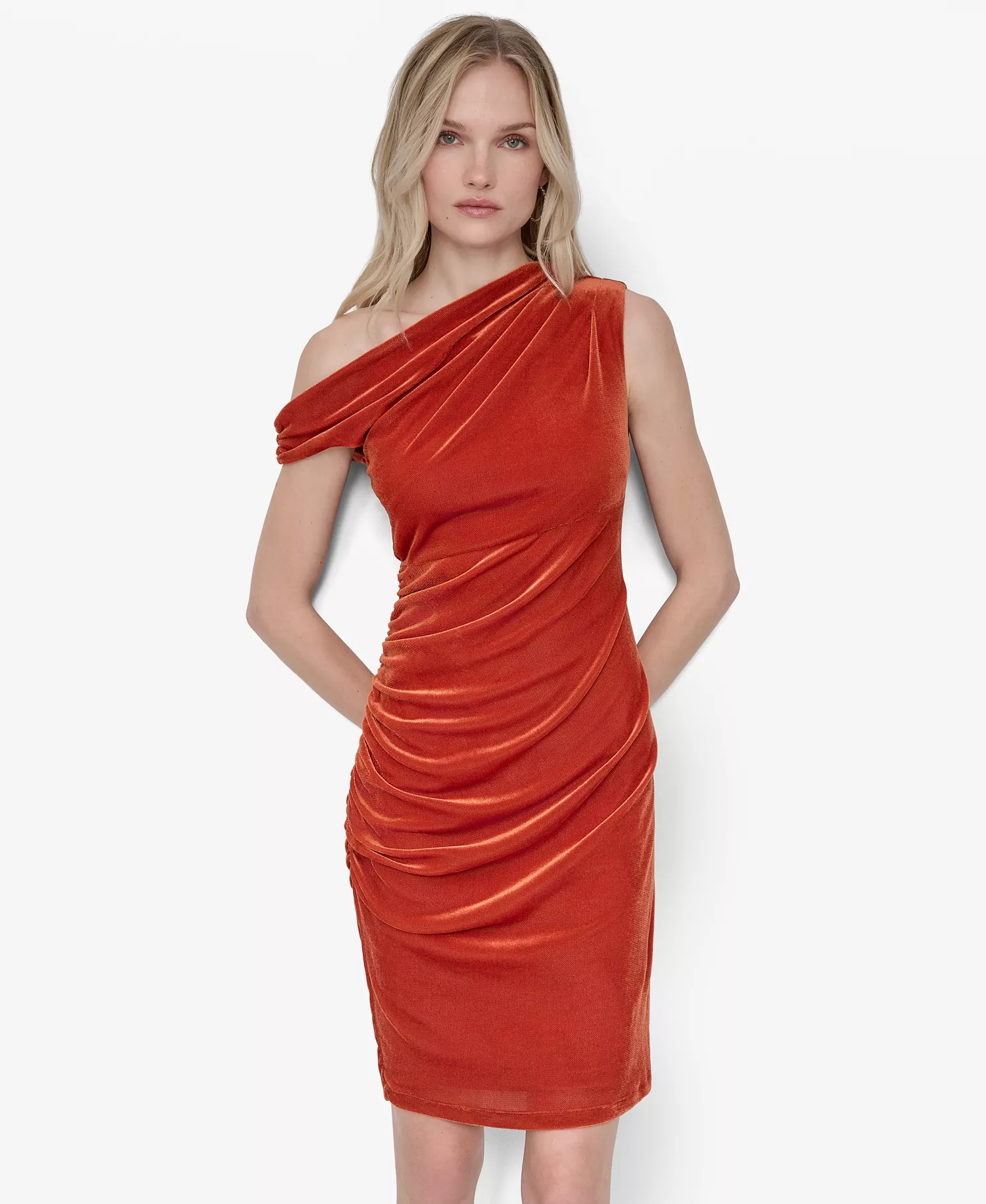 Women's One Side Off The Shoulder Ruched Dress - Cinnamon - 4